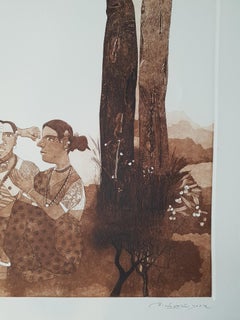 Uomo-donna rurale dell'India meridionale, dipinto, acquaforte in seppia, artista indiano "In magazzino"