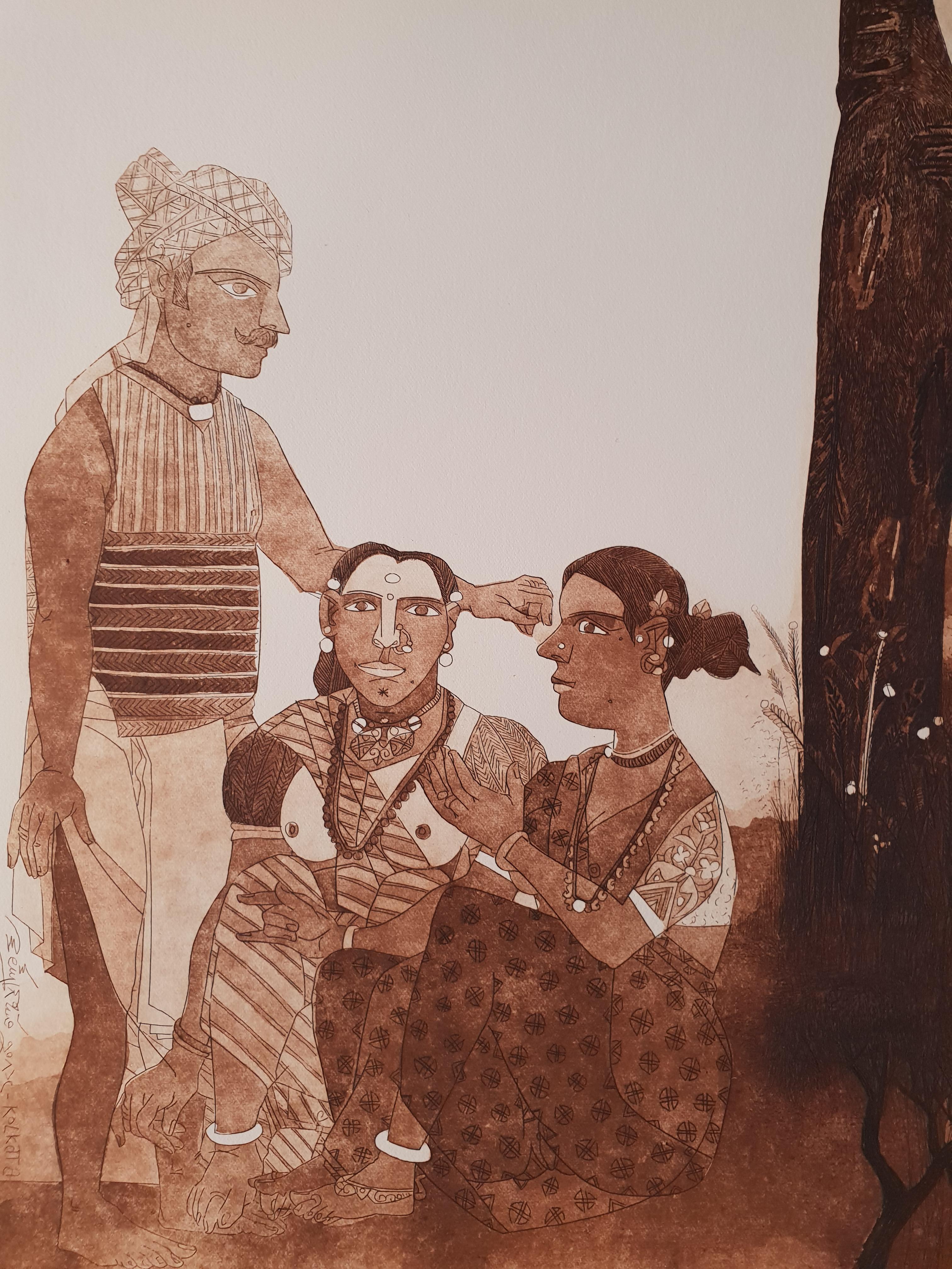 Rural South Indian Man-Woman, Painting, Etching in Sepia, Indian Artist