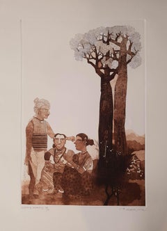 Rural South Indian Man-Woman, Painting, Etching in Sepia, Indian Artist"In Stock"