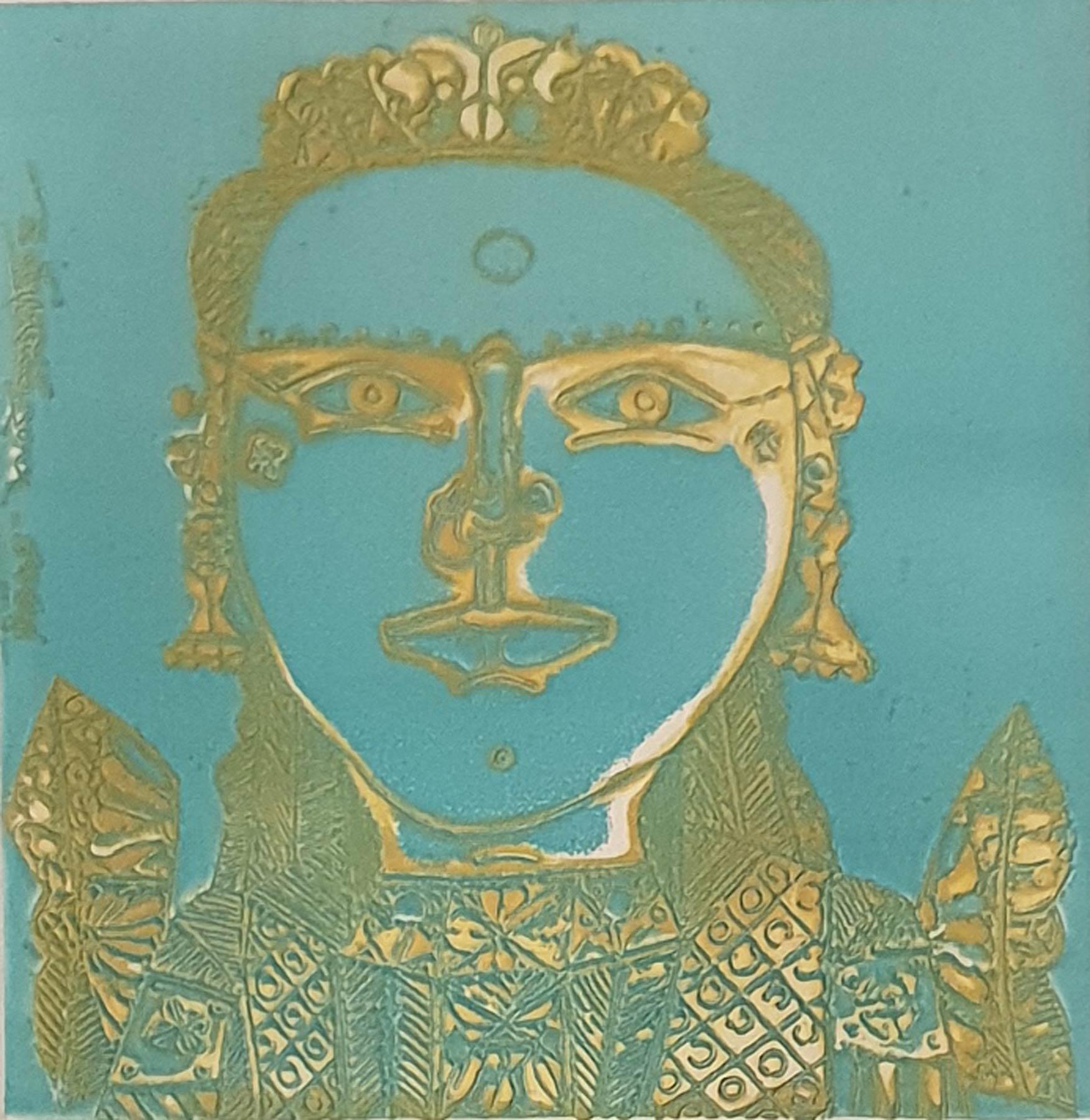 Unique South Indian Woman, Etching in Green & Yellow Color by Artist 