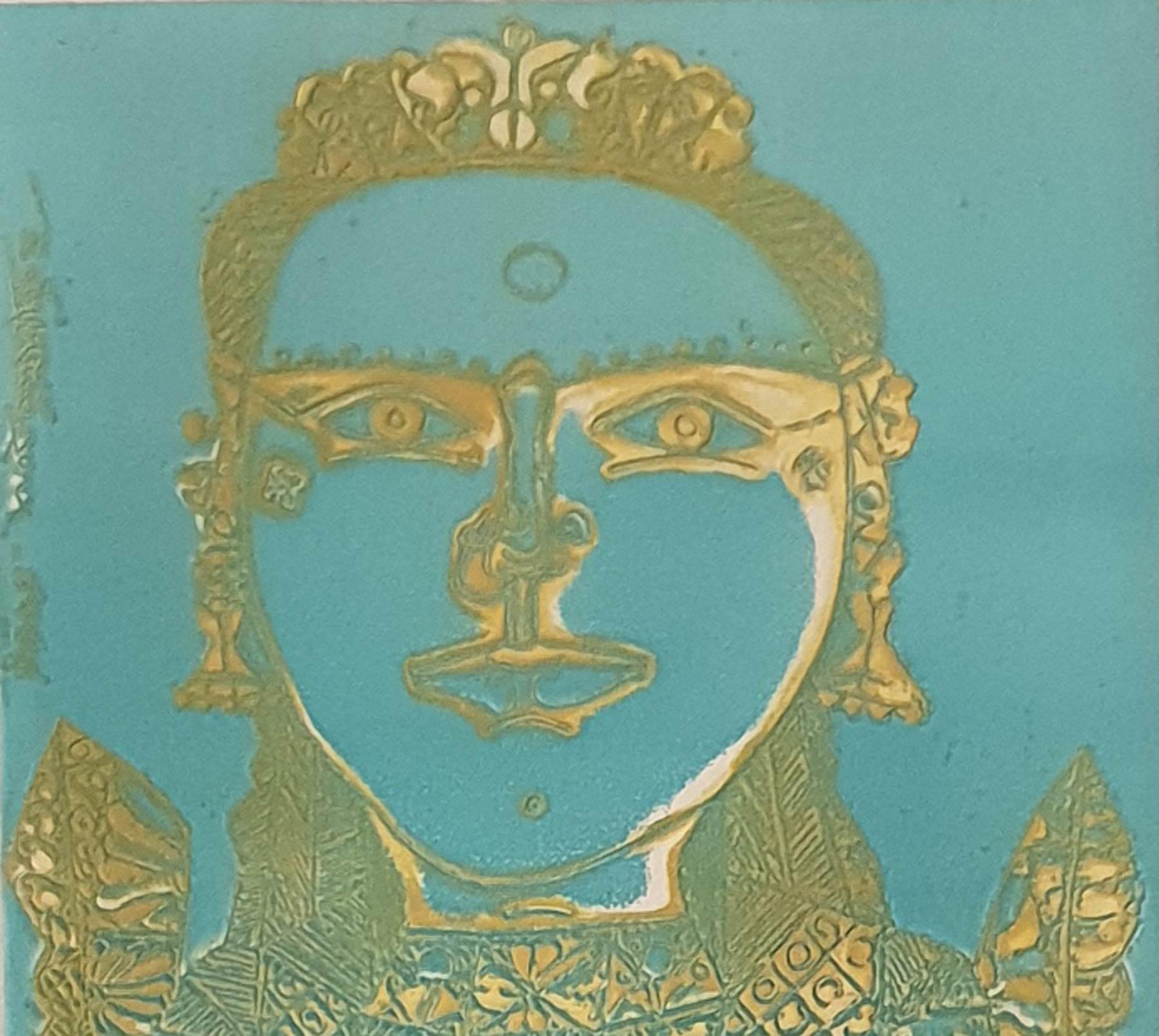 Unique South Indian Woman, Etching in Green & Yellow Color by Artist 