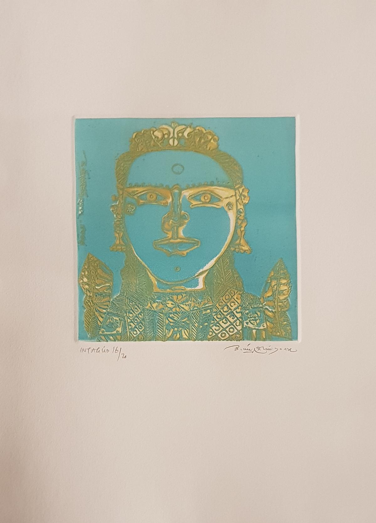 Laxma Goud Figurative Painting - Unique South Indian Woman, Etching on paper, Green, Gold, Modern Artist"In Stock"