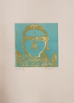 Única Mujer del Sur de la India, Aguafuerte sobre papel, Verde, Dorado, Artista moderno "En Stock"