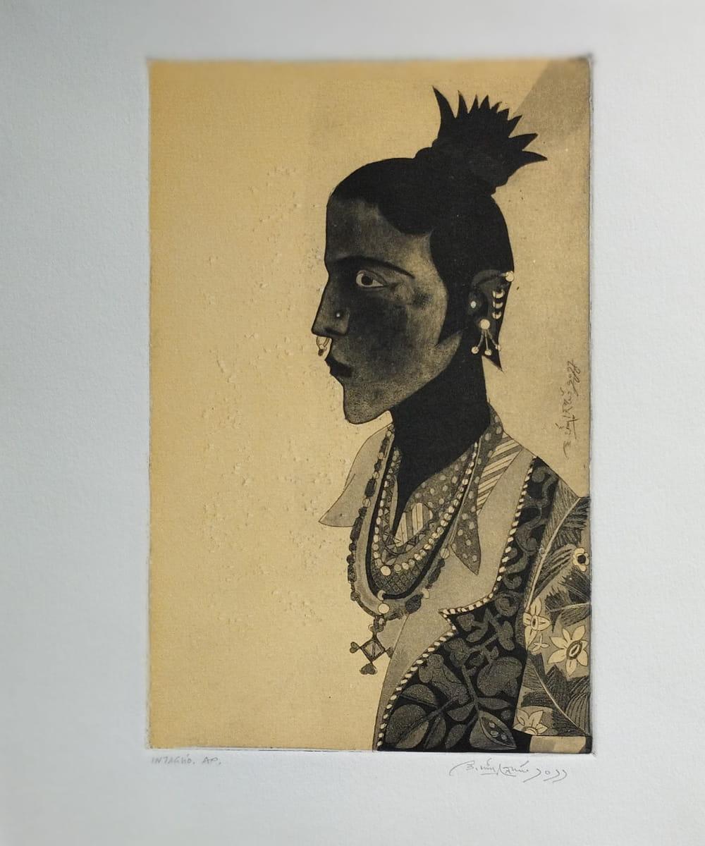 Laxma Goud Figurative Painting – Ohne Titel, Intaglio auf Papier, moderner indischer Künstler, „Auf Lager“