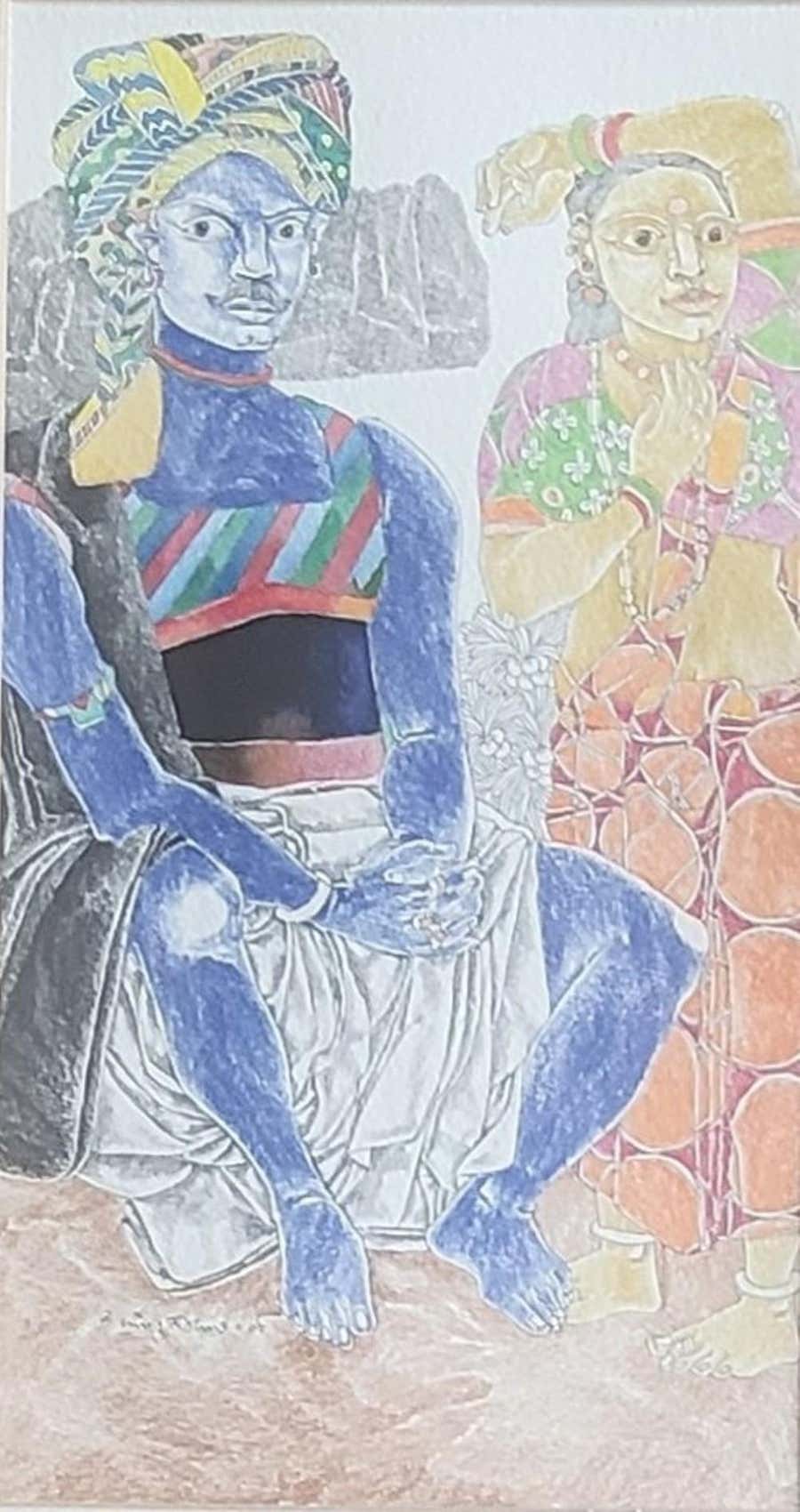 Untitled, Mixed Media on Paper, Blue, Yellow, Orange by K. Laxma Goud "In Stock"