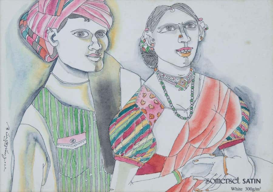Couple, Villagers, Watercolor on Paper, Pink, Green by Modern Artist "In Stock"