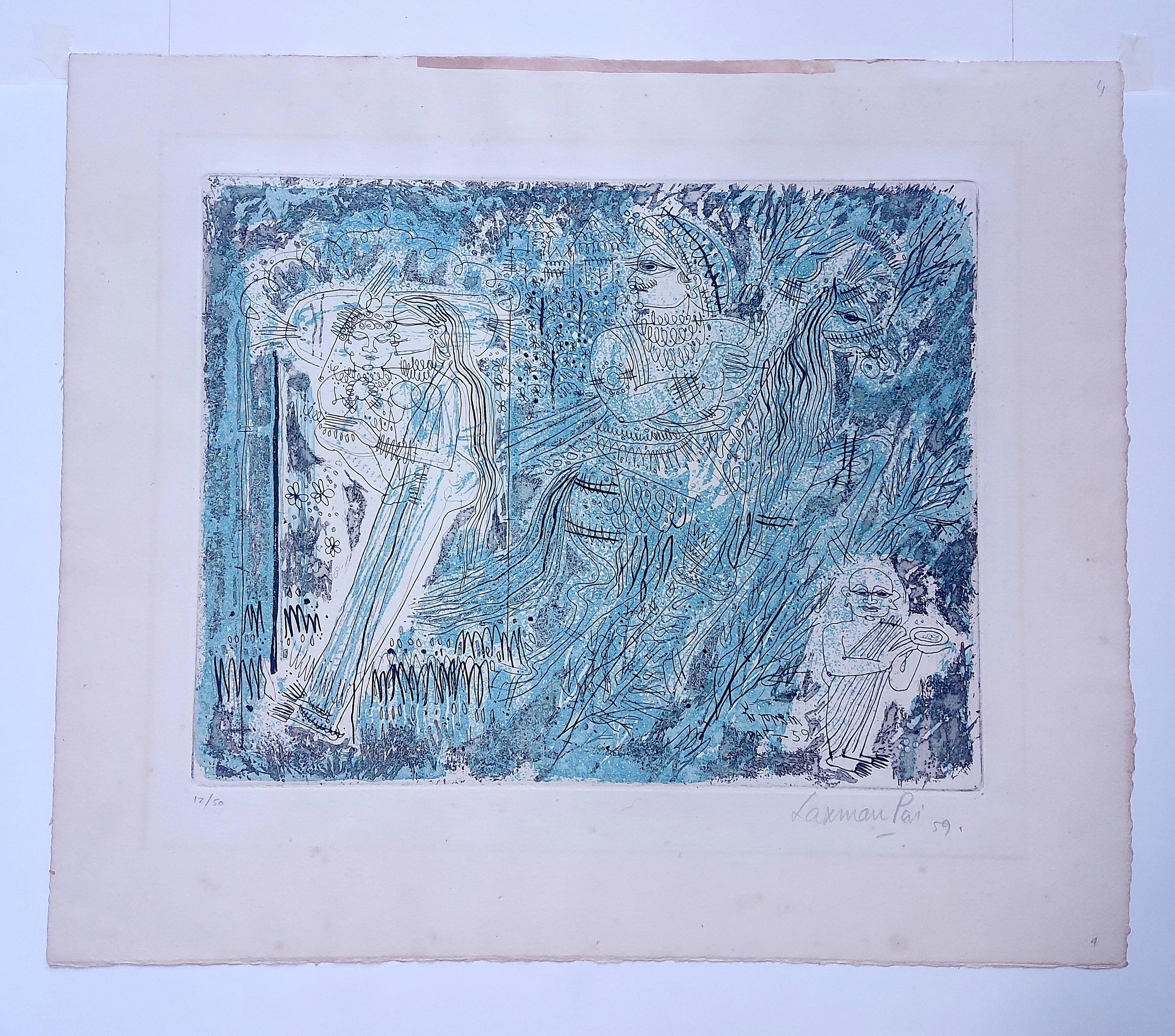 Indian Artist Paris Modern Published Etching Goa Mythology Narrative Blue Lovers 3