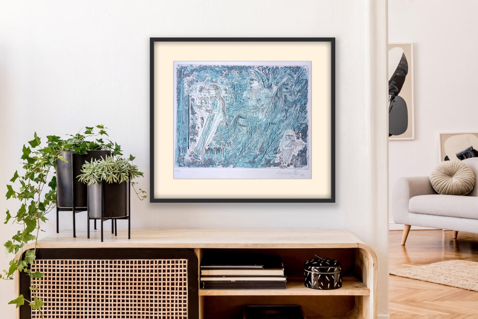 Indian Artist Paris Modern Published Etching Goa Mythology Narrative Blue Lovers 4