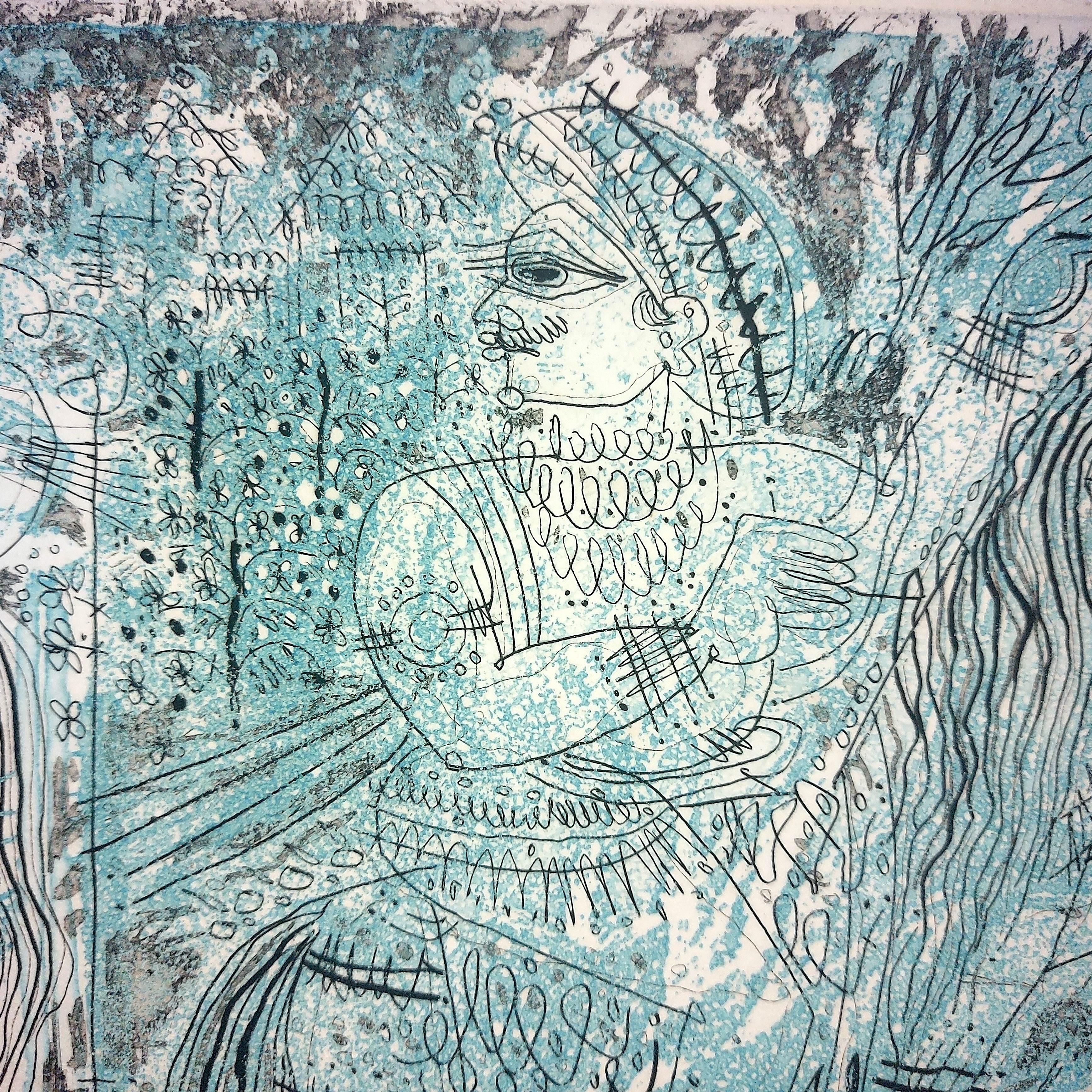 Indian Artist Paris Modern Published Etching Goa Mythology Narrative Blue Lovers 3