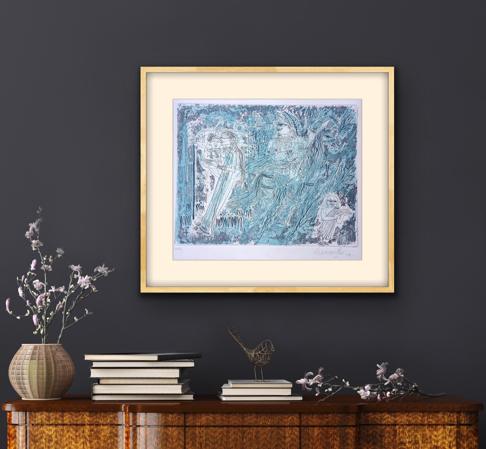Indian Artist Paris Modern Published Etching Goa Mythology Narrative Blue Lovers 2