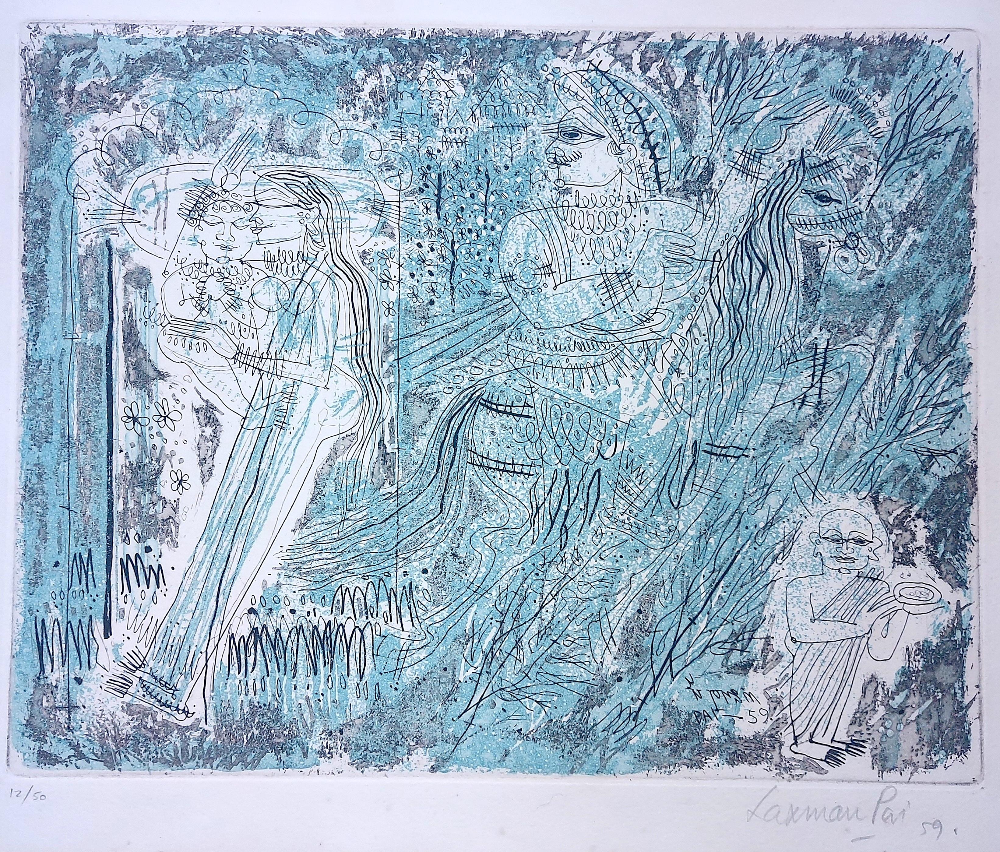 Laxman Pai Abstract Print - Indian Artist Paris Modern Published Etching Goa Mythology Narrative Blue Lovers