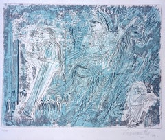 Modern Etching Indian Artist Paris Goa Mythology Chagall Narrative Blue Lovers