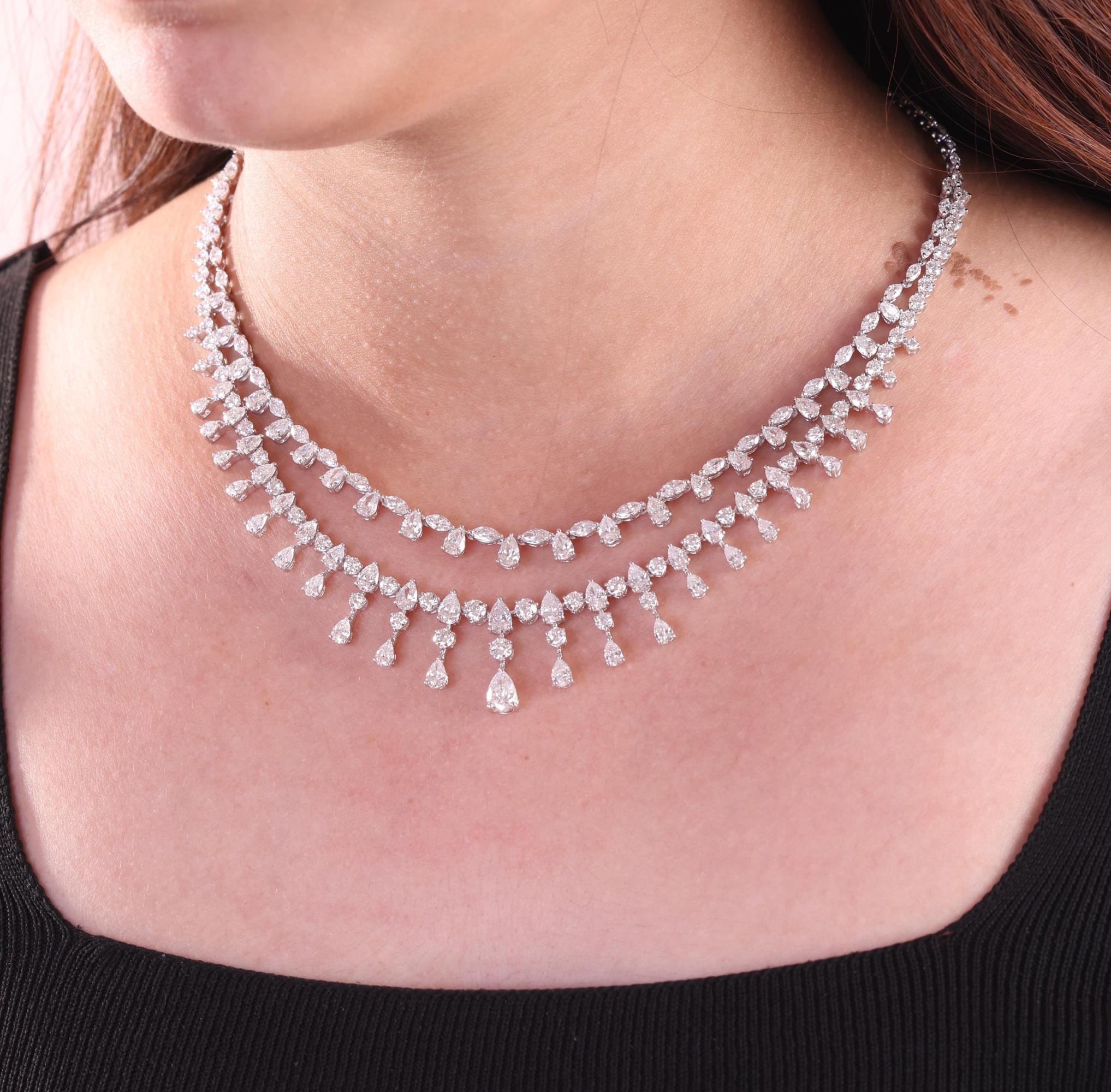 Layered 21.51Ct. Multi Cut Diamond Wedding Necklace 18K White Gold Fine Jewelry
This necklace features two delicate diamond strands, each adorned with shimmering marquise, pear-shaped and round brilliant diamonds that create a graceful drape on the