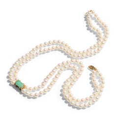 Collana a strati con perle Akoya e tormalina Paraiba e diamanti in oro giallo