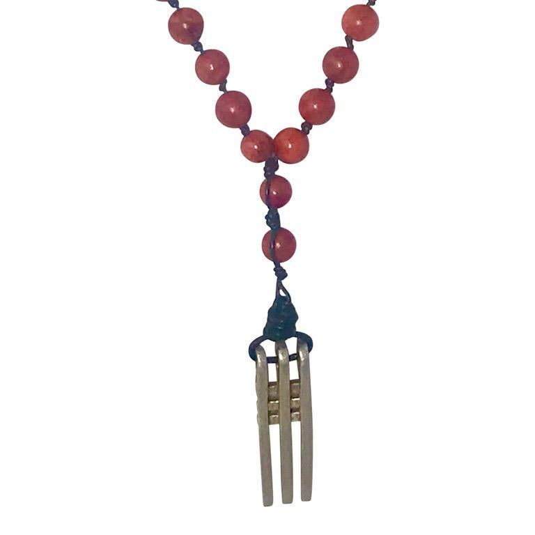 Modern Exolette Layered Apple and Red Coral Necklaces With a Silver Art Deco Pendant  For Sale