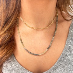 Mehrschichtige Aquamarin Perlenkette mit 14K Gold Büroklammer Link Kette Set