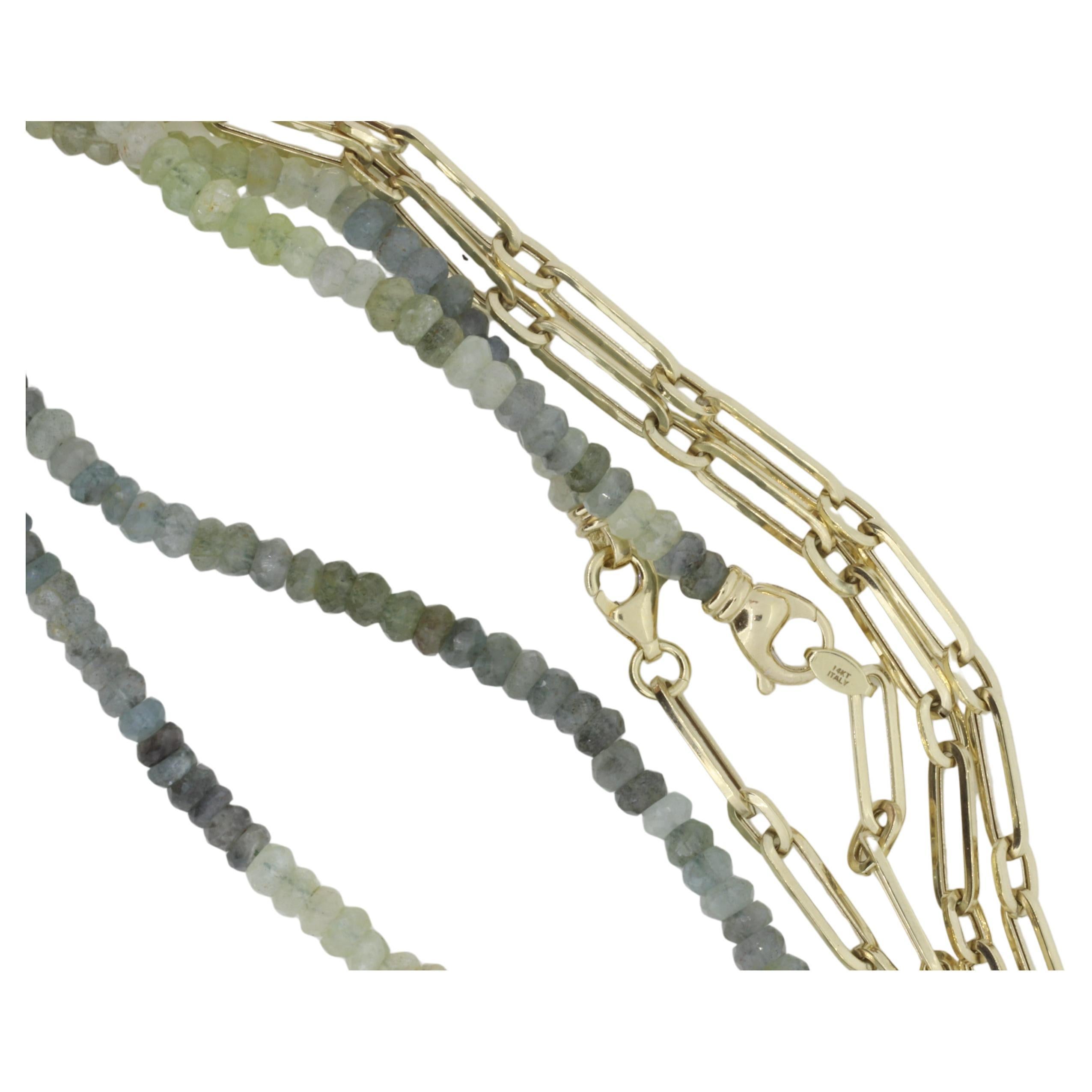 Donna Collana di perline di acquamarina a strati con catena A Link in oro 14K in vendita