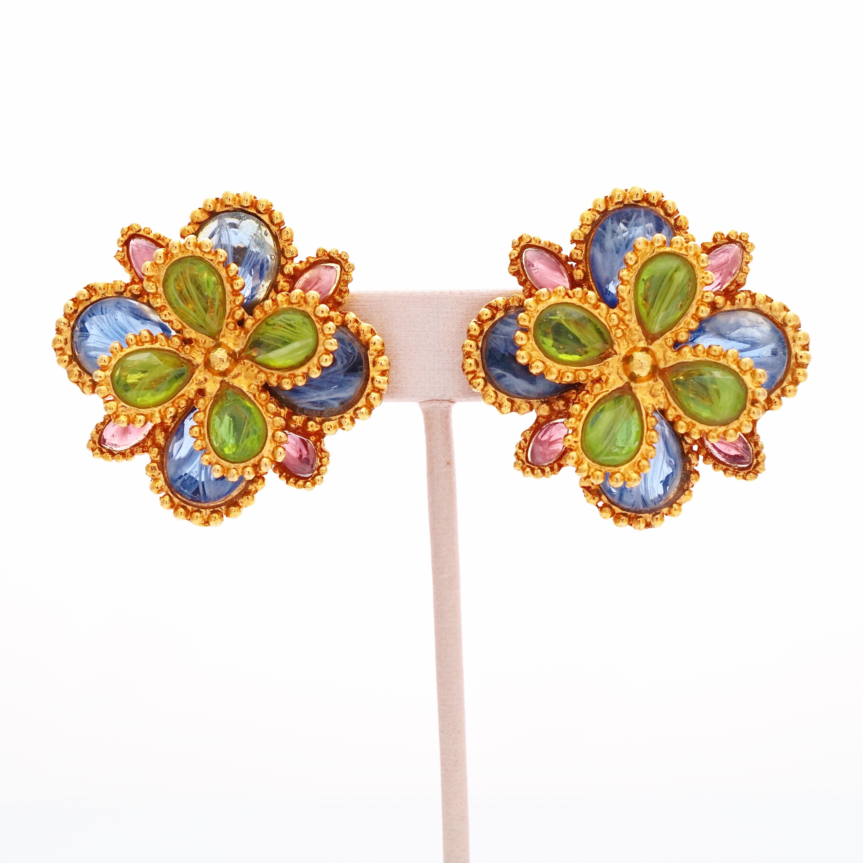 Modern Layered Art Glass Floral Statement Earrings, 1980s For Sale