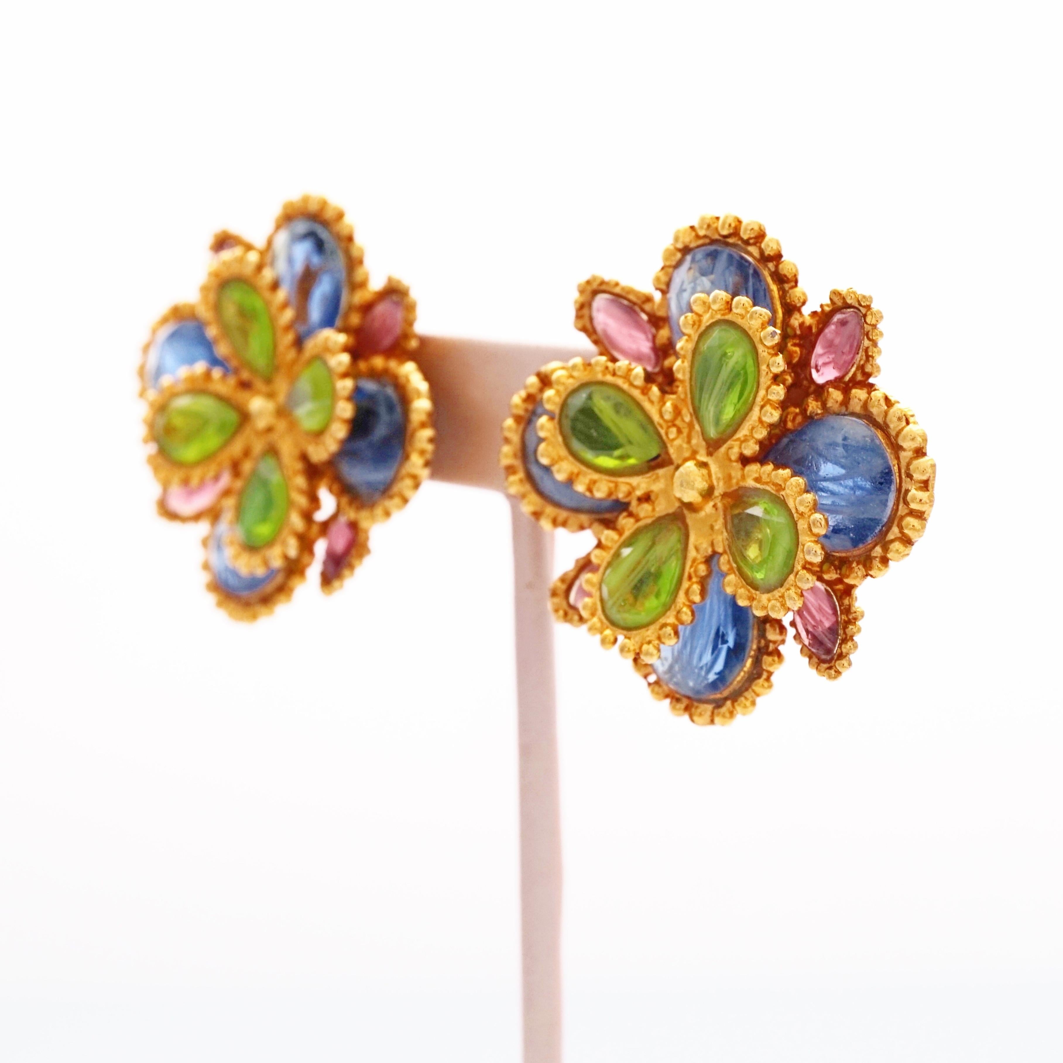 Layered Art Glass Floral Statement Earrings, 1980s In Good Condition For Sale In McKinney, TX