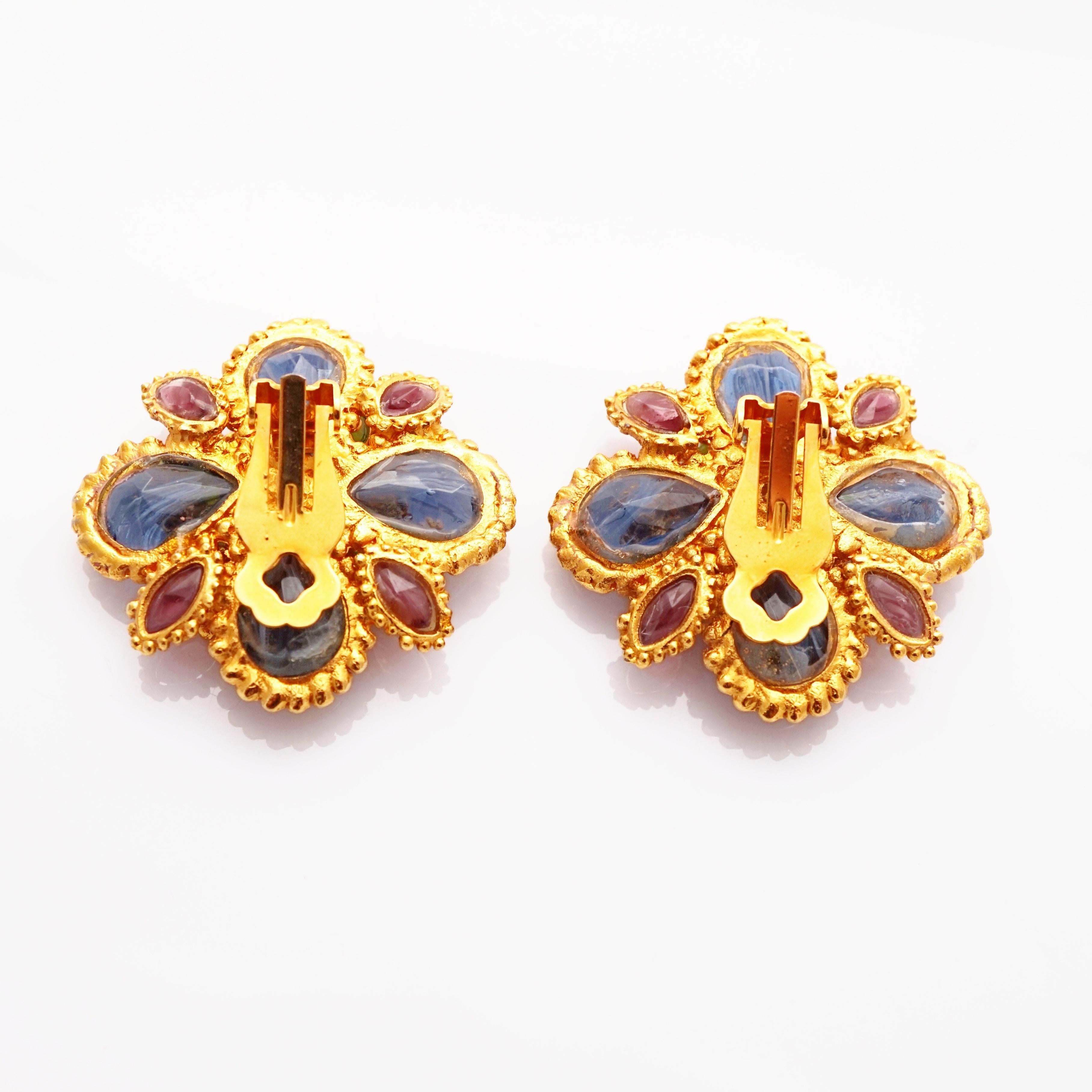 Women's Layered Art Glass Floral Statement Earrings, 1980s For Sale