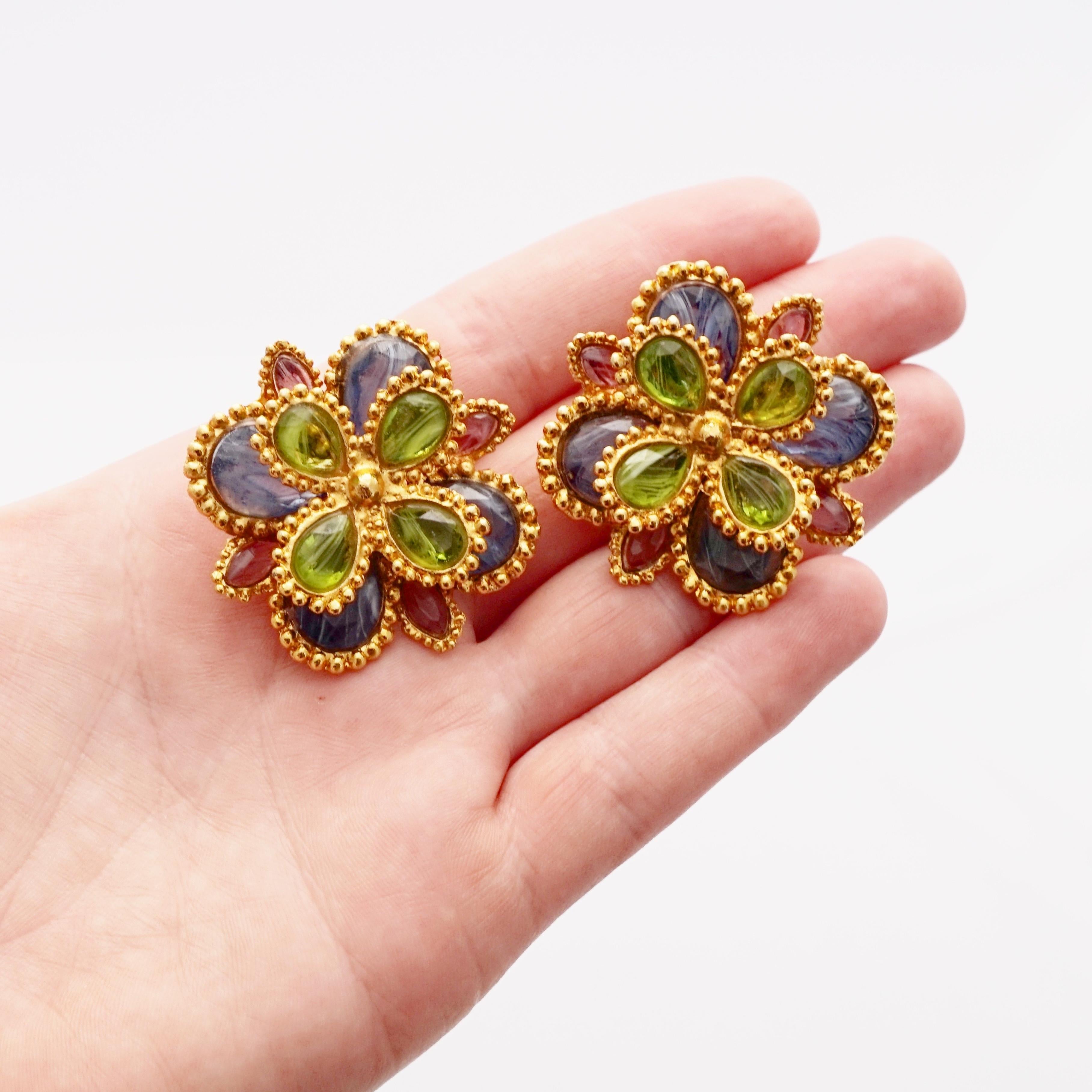 Layered Art Glass Floral Statement Earrings, 1980s For Sale 1