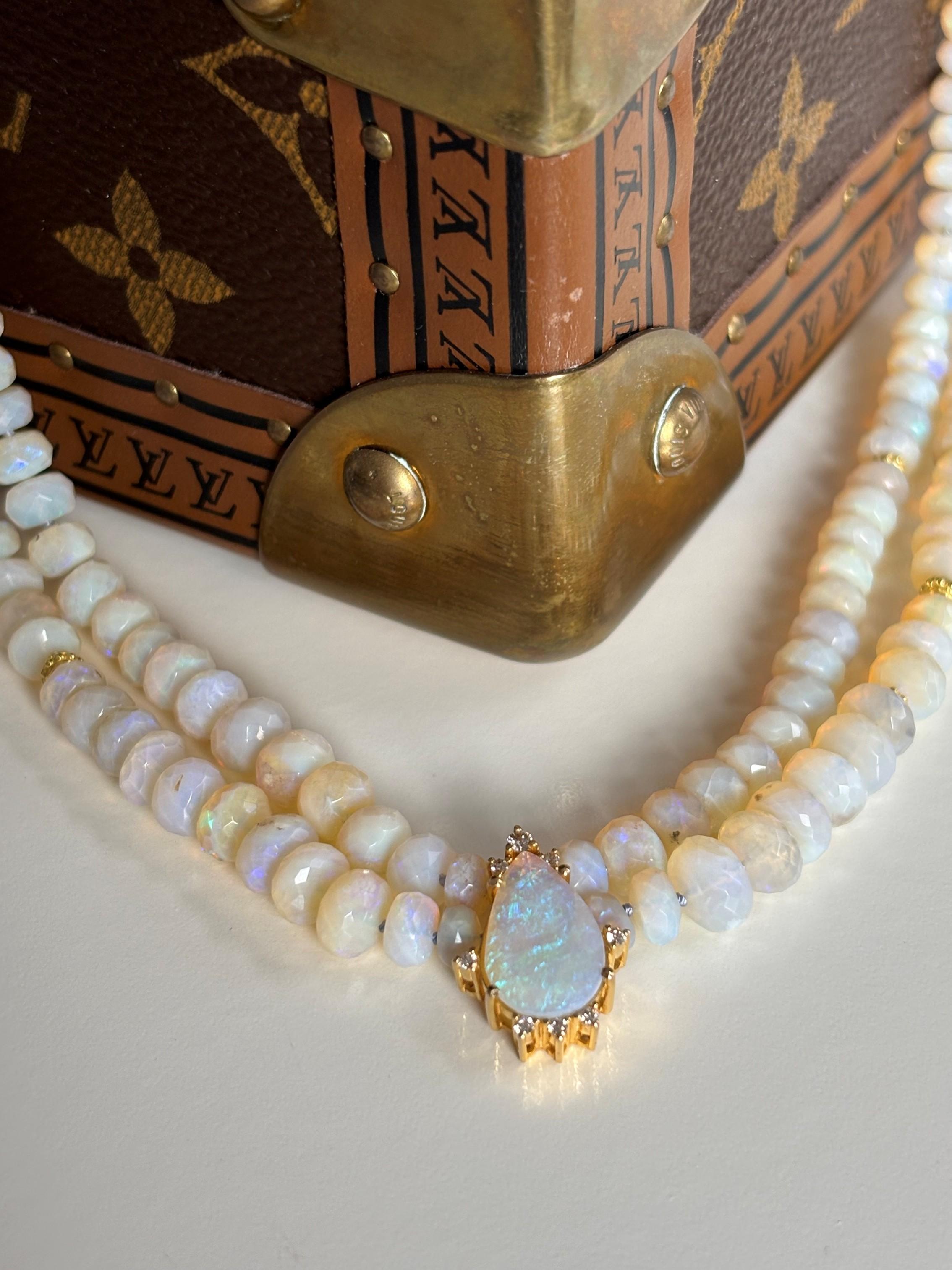 Bead Layered Australian Lightning Ridge Opal & Diamond 18K Gold Necklace For Sale