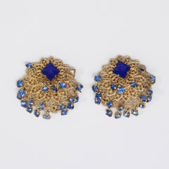 Layered Filigree Sapphire Crystal Cluster Clip on Earrings in Gold, Mid 1900s