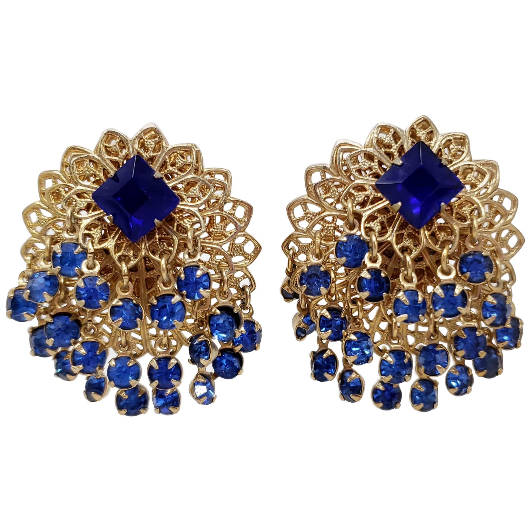 Layered Filigree Sapphire Crystal Cluster Clip on Earrings in Gold, Mid 1900s For Sale