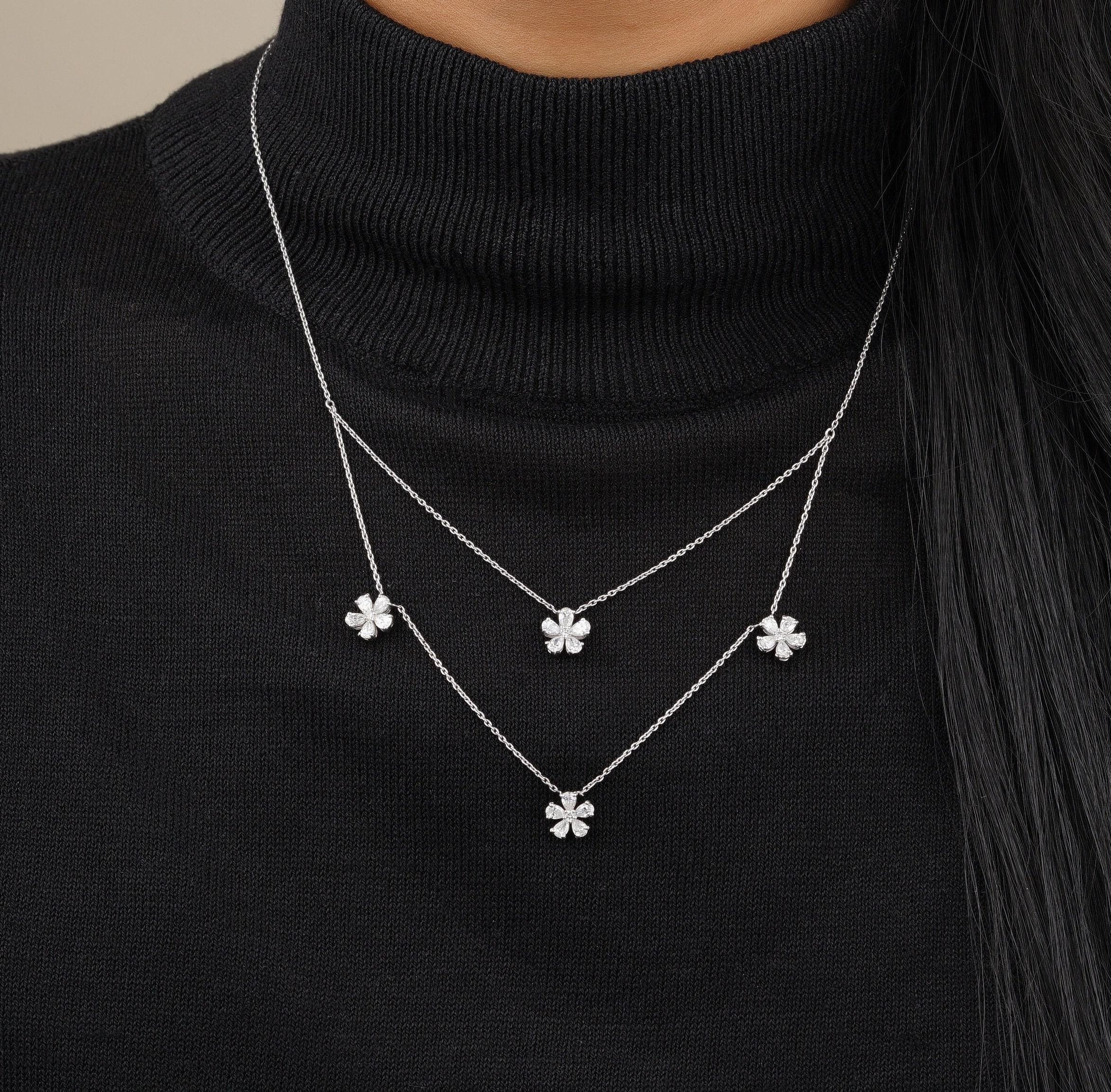 Art déco Collier de diamants en or massif 14k (certifié) à fleurs superposées en vente