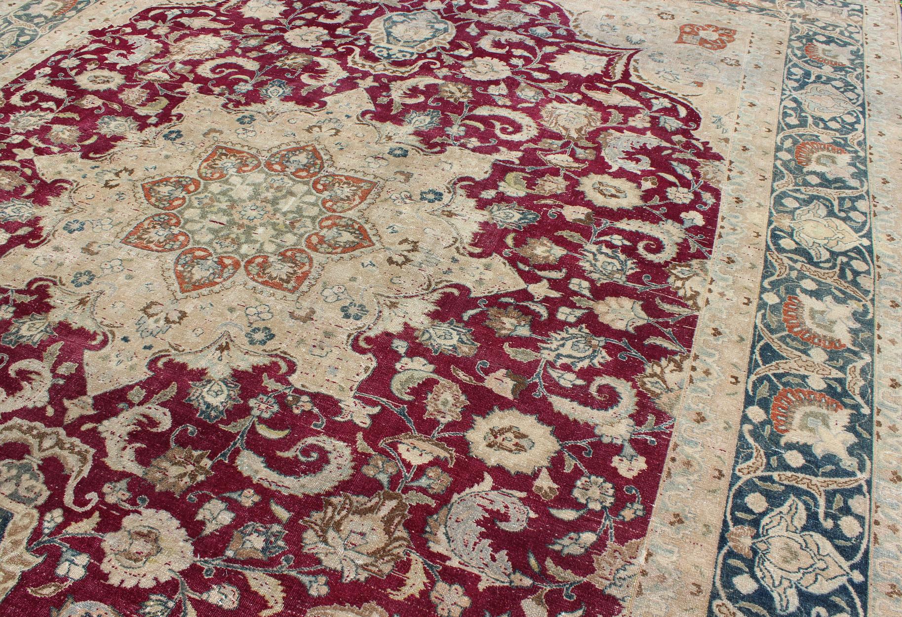Layered Floral Medallion Antique Persian Mashad Rug in Red, Steel Blue and Cream For Sale 2