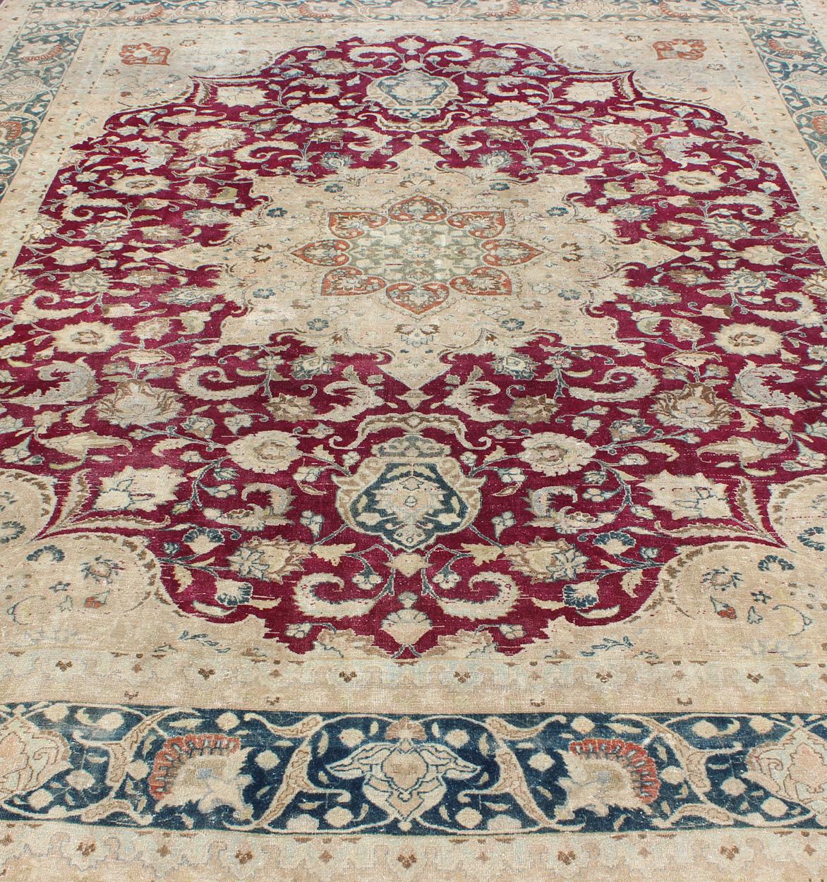 Layered Floral Medallion Antique Persian Mashad Rug in Red, Steel Blue and Cream For Sale 3