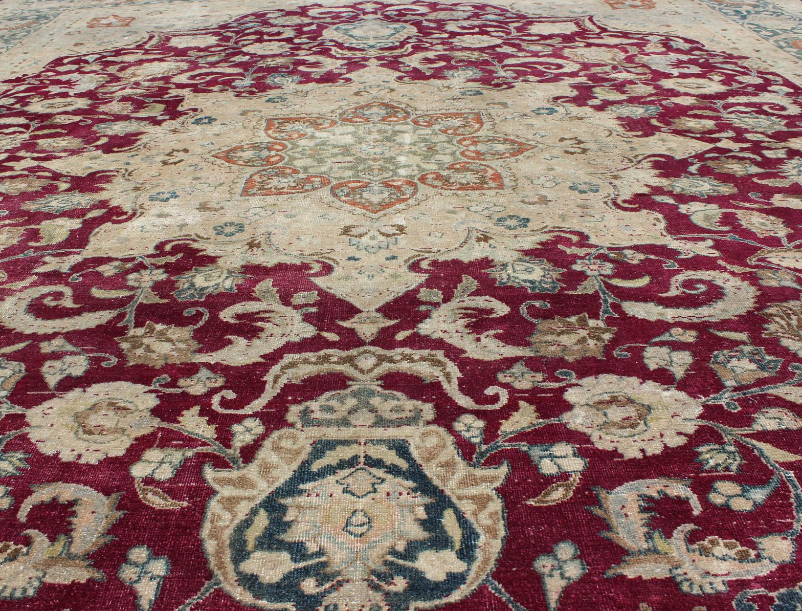 Layered Floral Medallion Antique Persian Mashad Rug in Red, Steel Blue and Cream For Sale 4