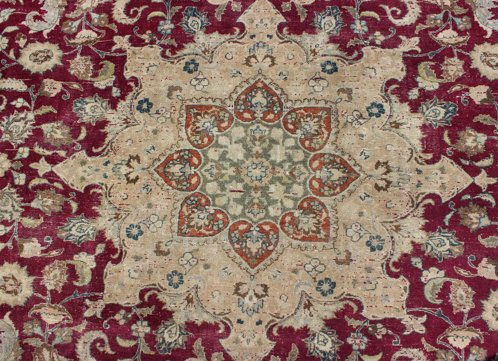 Layered Floral Medallion Antique Persian Mashad Rug in Red, Steel Blue and Cream For Sale 5