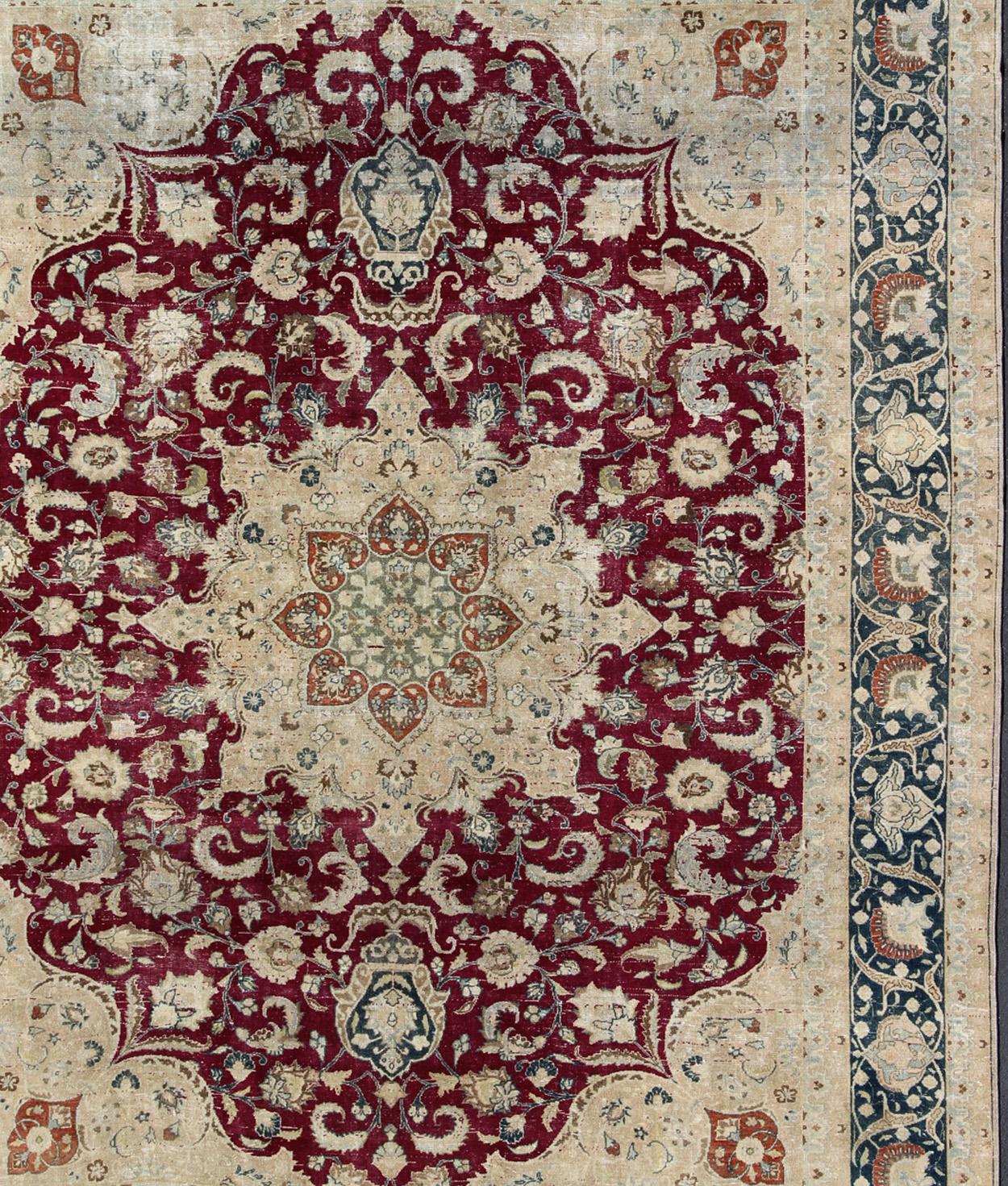 Agra Layered Floral Medallion Antique Persian Mashad Rug in Red, Steel Blue and Cream For Sale
