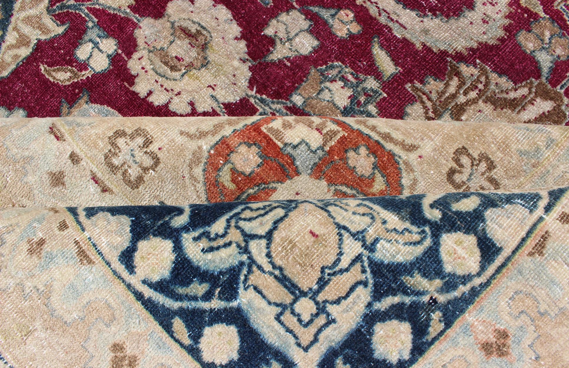 Hand-Knotted Layered Floral Medallion Antique Persian Mashad Rug in Red, Steel Blue and Cream For Sale