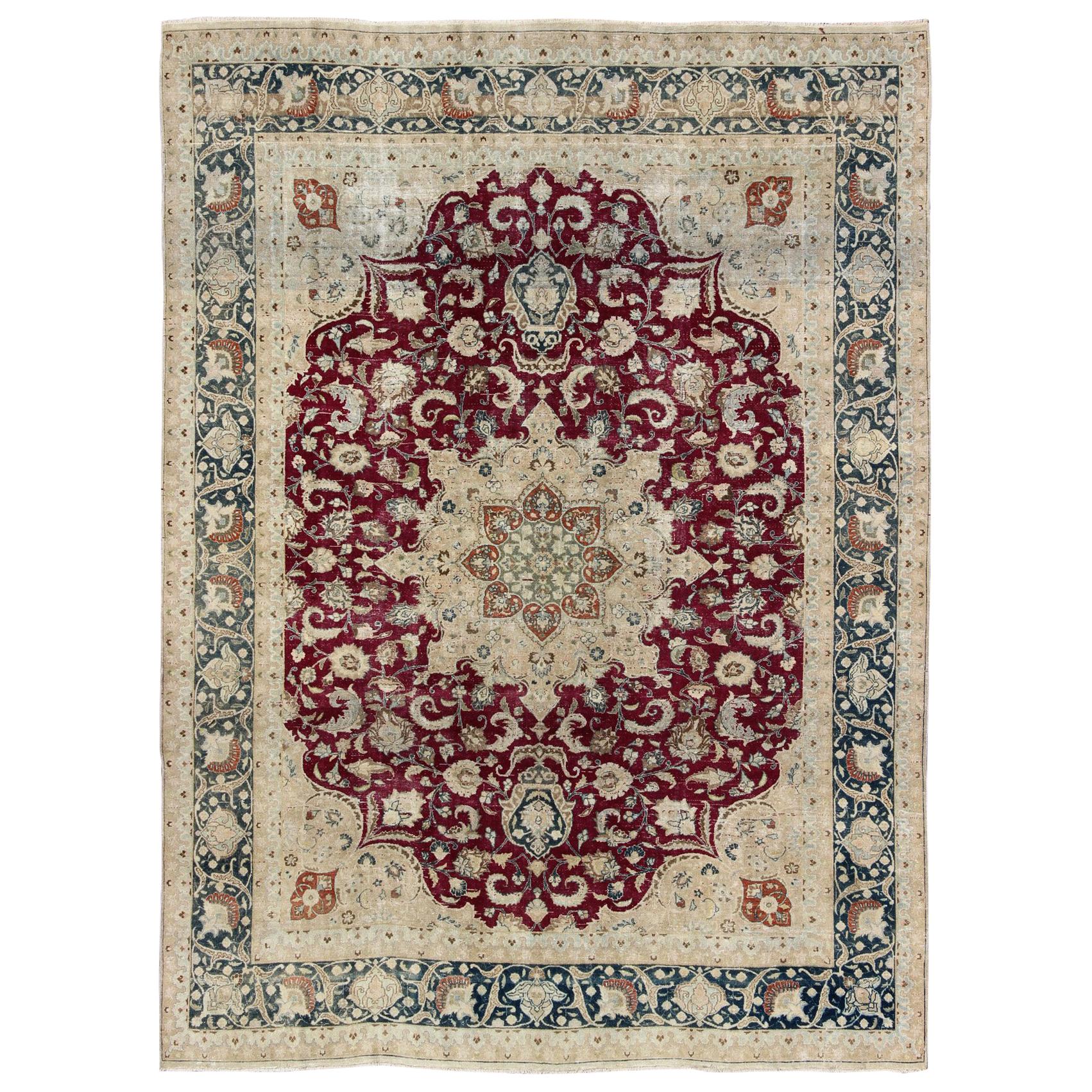 Layered Floral Medallion Antique Persian Mashad Rug in Red, Steel Blue and Cream