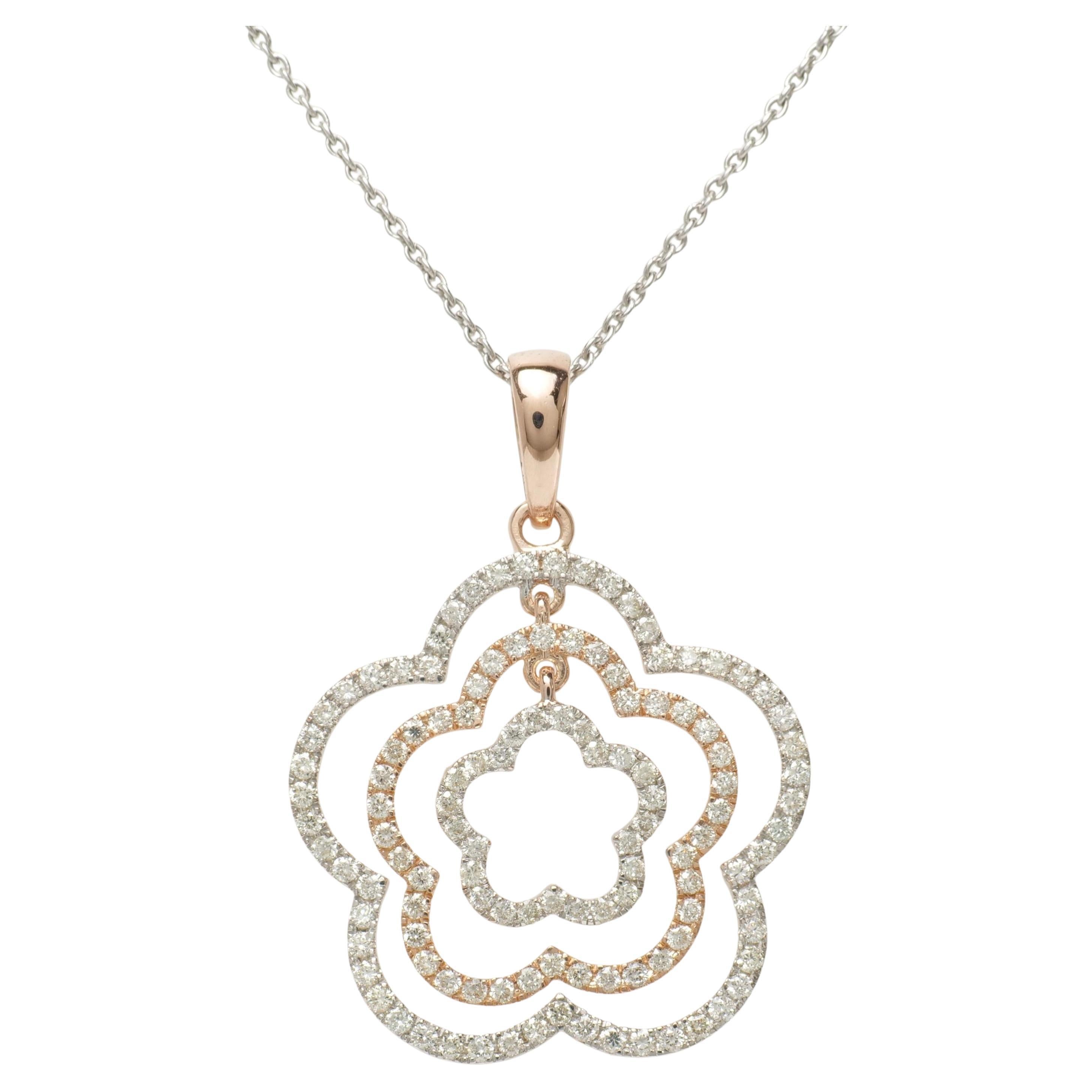Layered Floral Natural Diamond Pendant Necklace in 14k Solid Gold (Certified) For Sale