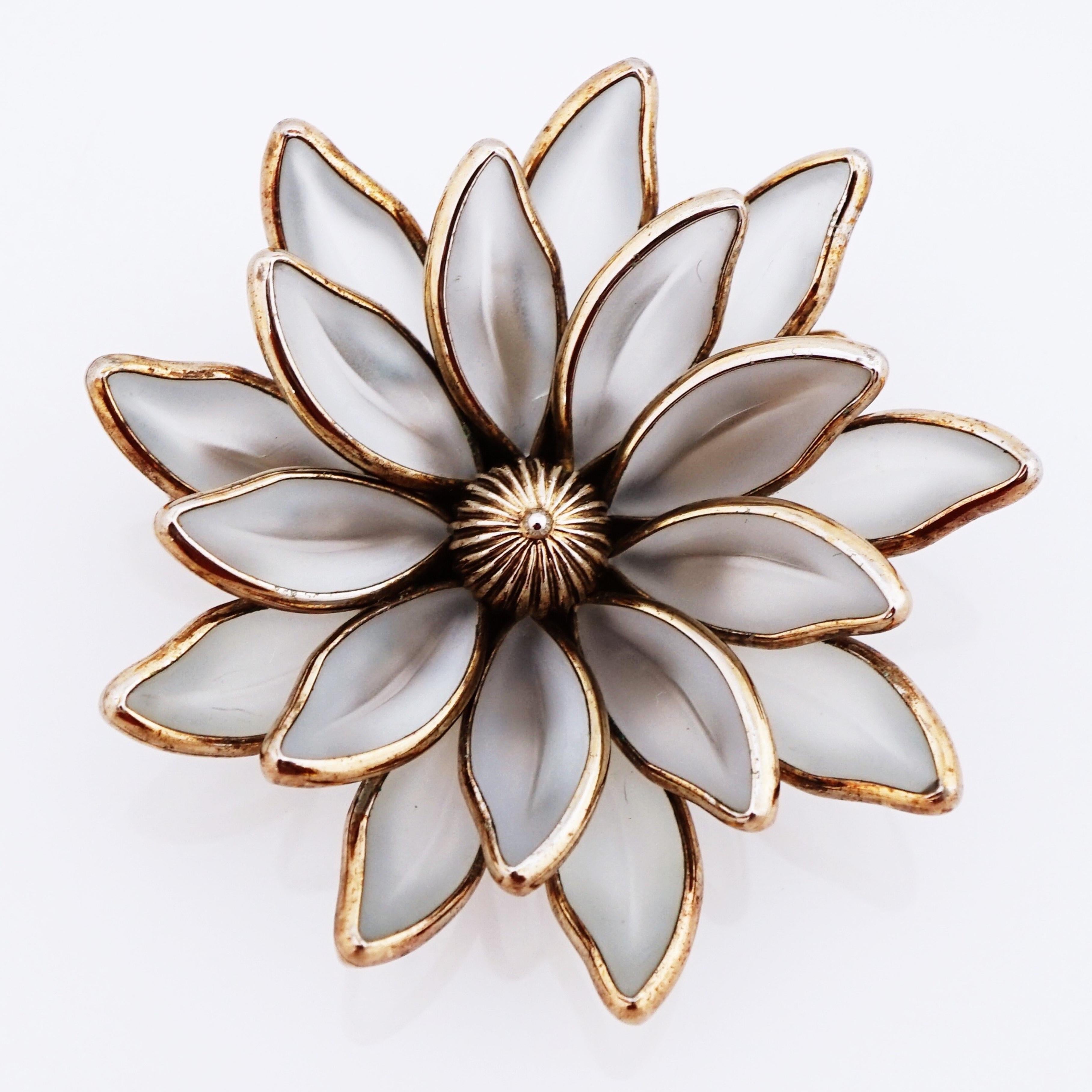 Modern Layered Frosted Glass Flower Figural Brooch By Crown Trifari, 1950s