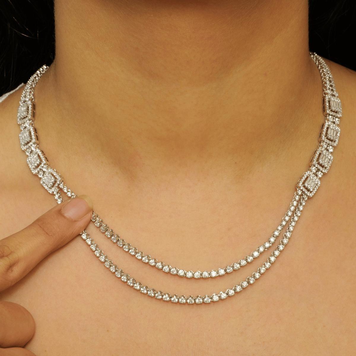 Art déco Collier de diamants en or massif 14k (certifié) avec halo superposé et illusion en vente