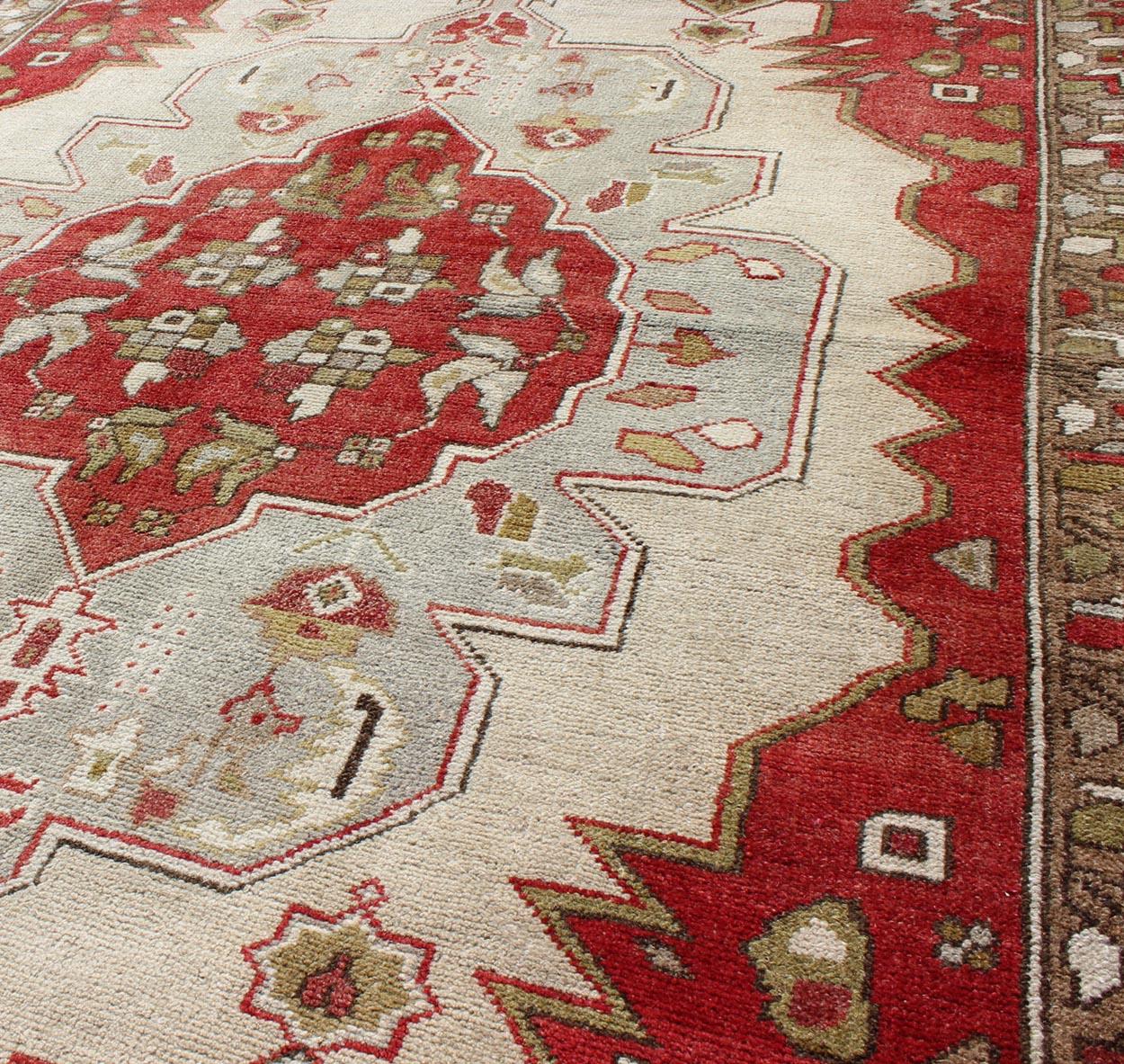 Wool Layered Medallion Vintage Turkish Area Rug Oushak with Geometric Motifs For Sale