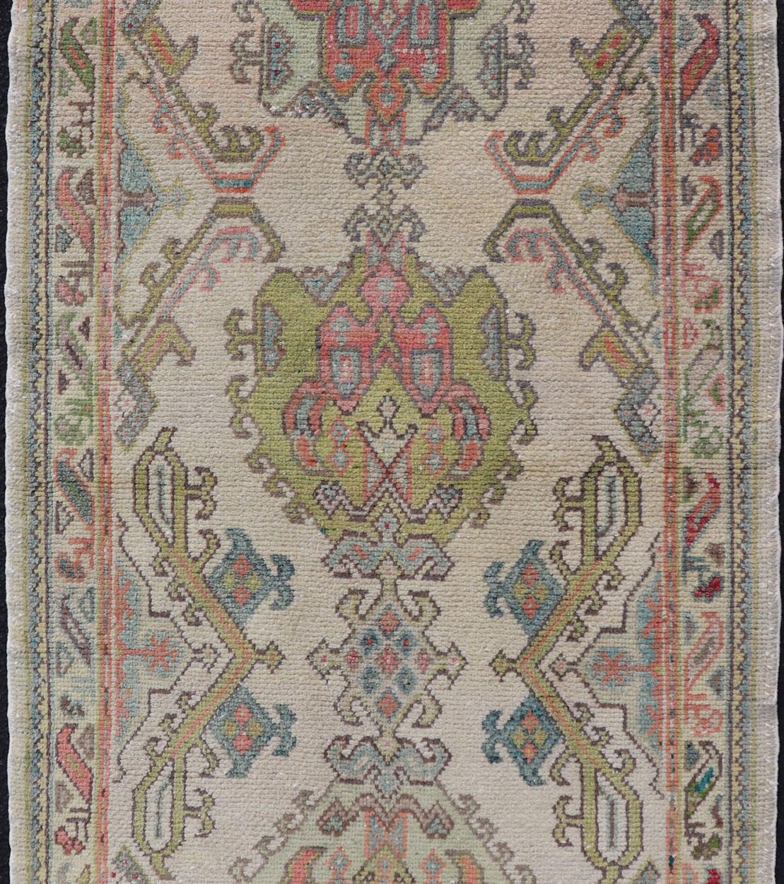 Wool Layered Medallion Vintage Turkish Area Rug Oushak with Geometric Motifs For Sale