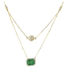 Layered Natural Emerald & Diamond Gem Necklace in 14K Solid Gold (Certified)