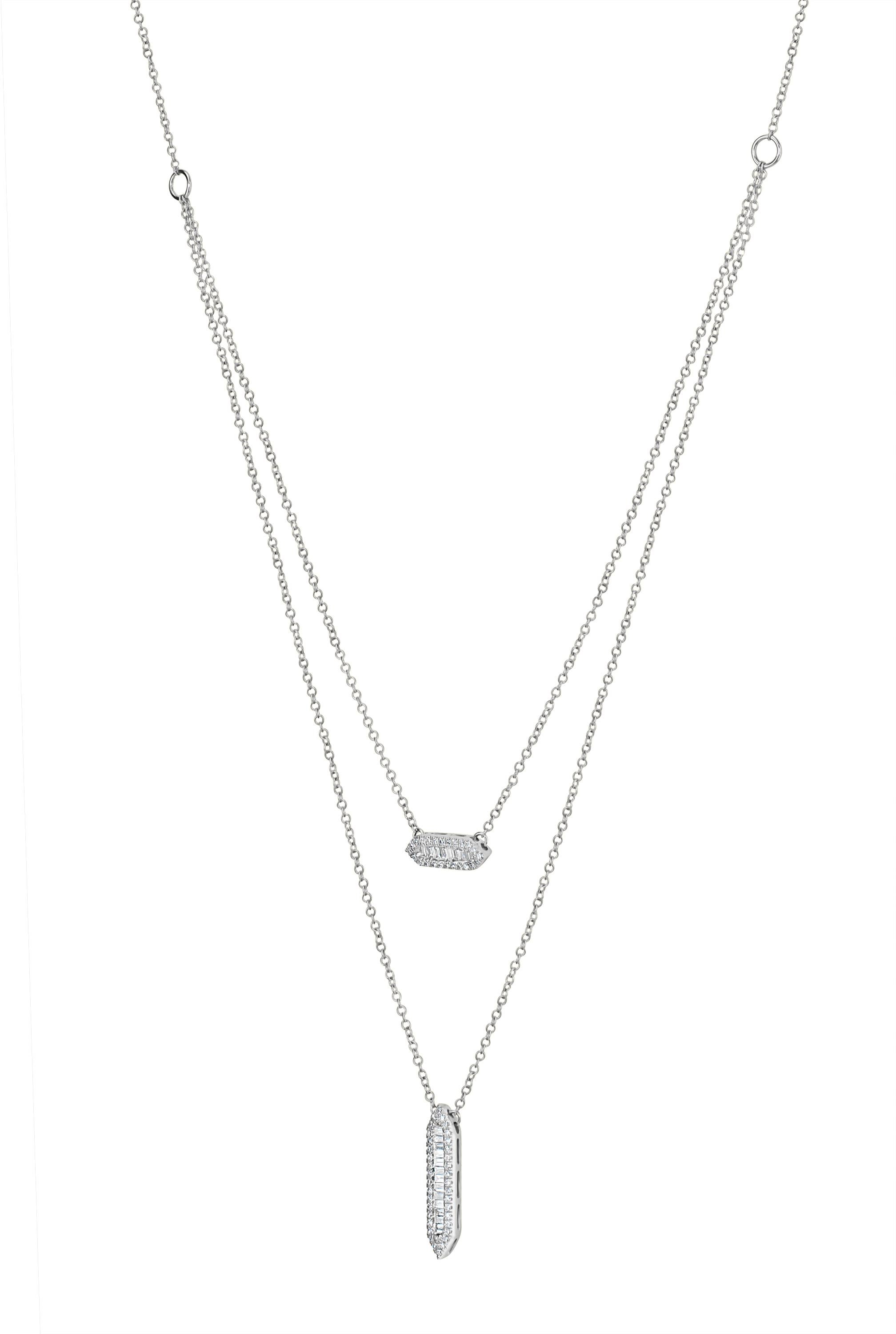 Layering never goes out of style with this Luxle stylish Round and Baguette Diamond Layered Pendant Necklace. Rendered in gleaming 14K white gold this necklace sparkles with baguette and round diamonds totaling 0.42Cts embellished in two hexagonal