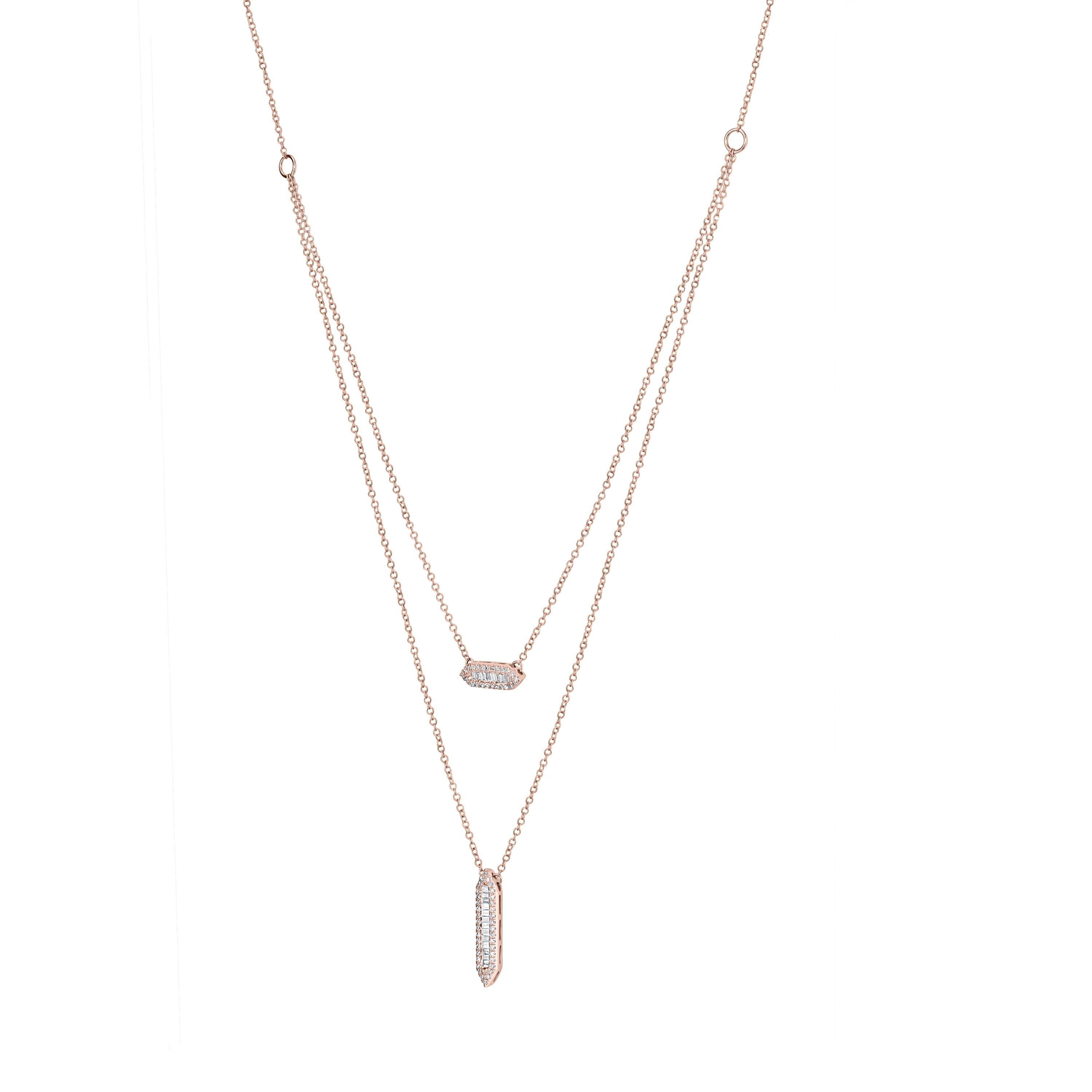 Layering never goes out of style with this Luxle stylish Round and Baguette Diamond Layered Pendant Necklace. Rendered in gleaming 14K rose gold this necklace sparkles with baguette and round diamonds totaling 0.45Cts embellished in two hexagonal
