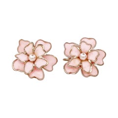 Layered Pink Enamel Flower Figural Earrings By Coro, 1950s