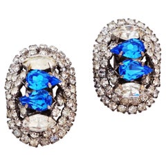 Layered Rhinestone Cocktail Earrings With Blue Teardrop Crystals, 1950s