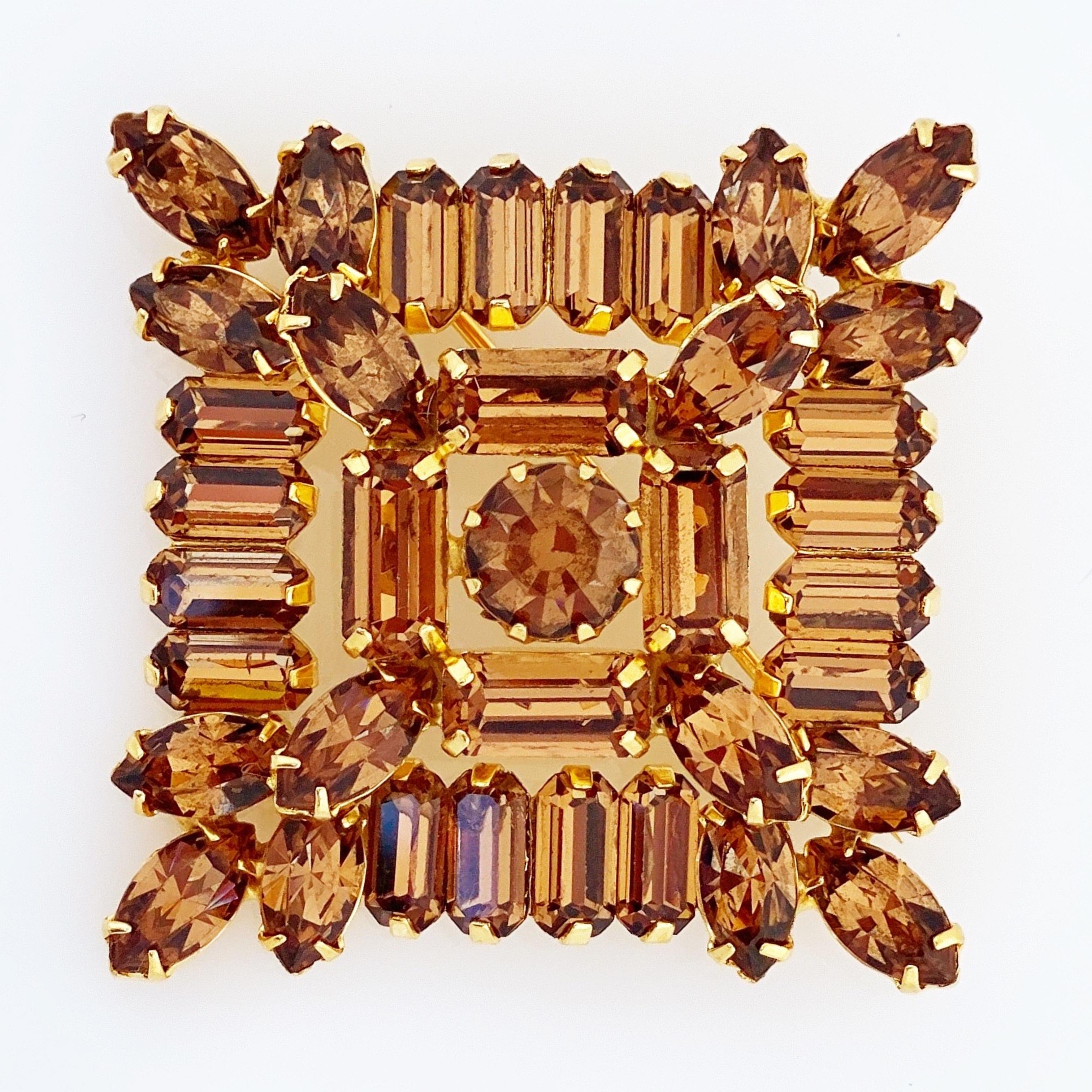 Modern Layered Square Topaz Crystal Brooch By Weiss, 1950s
