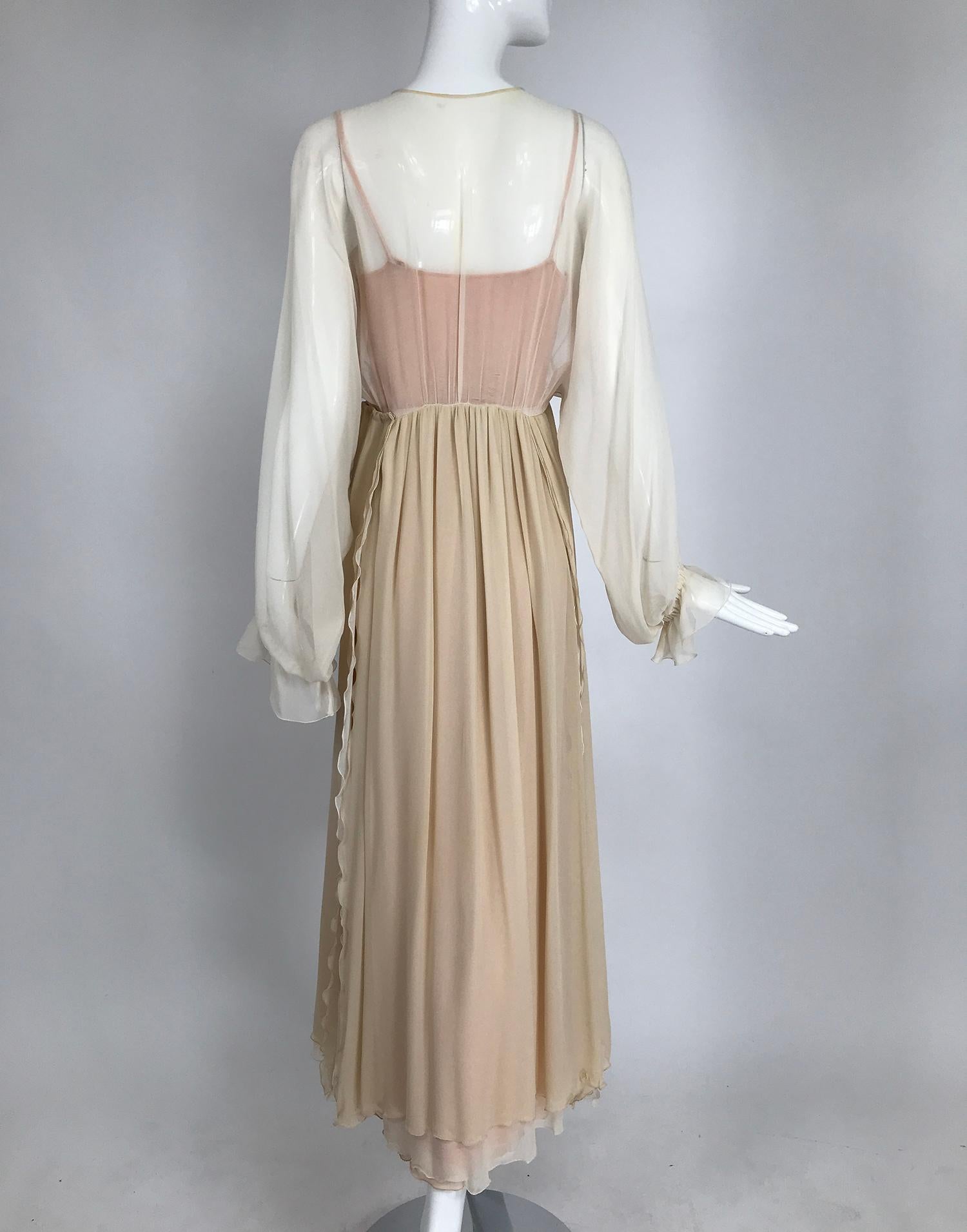 Beige Layered Tone on Tone Silk Chiffon Poet Sleeve Maxi Dress 1970s