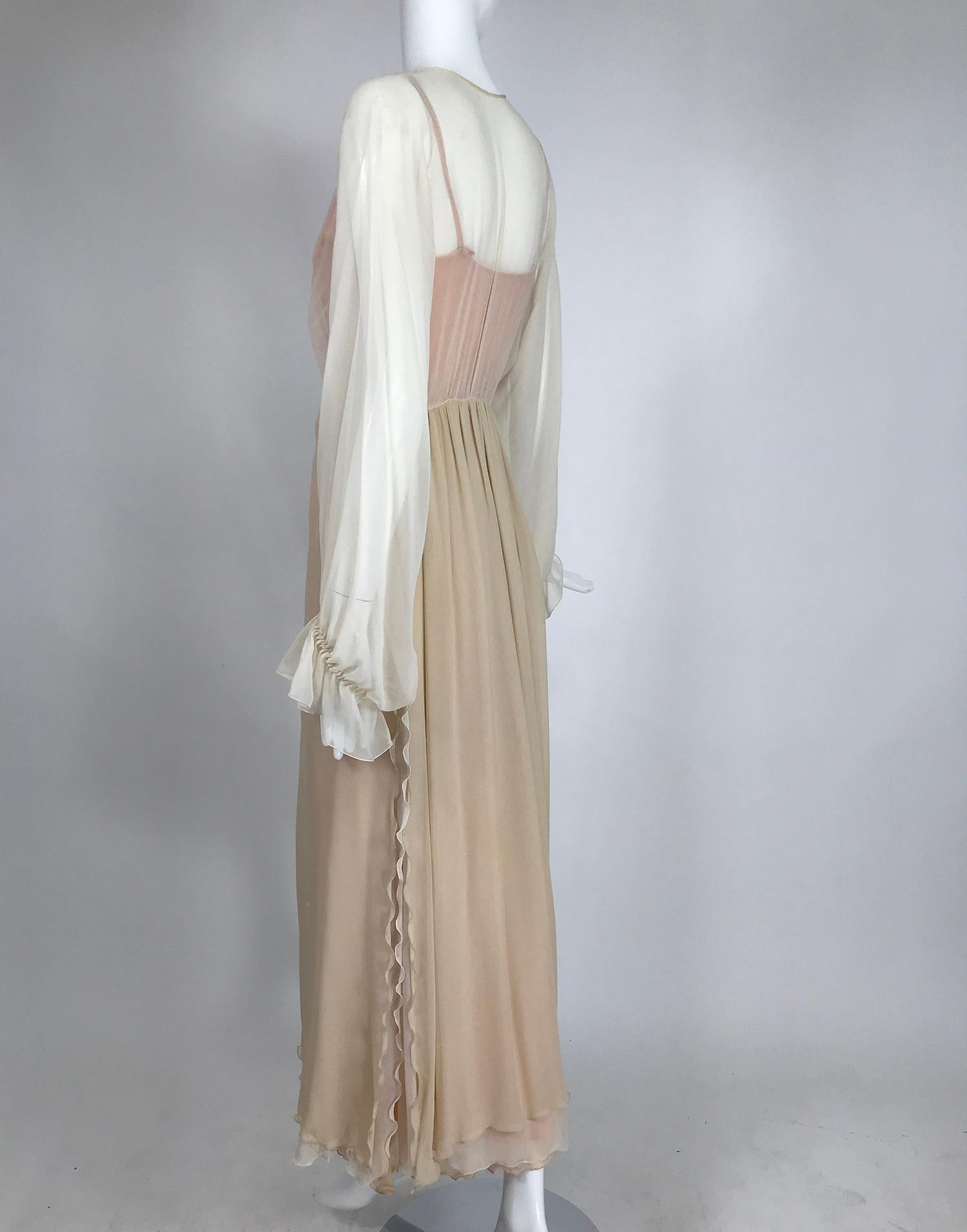 Layered Tone on Tone Silk Chiffon Poet Sleeve Maxi Dress 1970s In Good Condition In West Palm Beach, FL