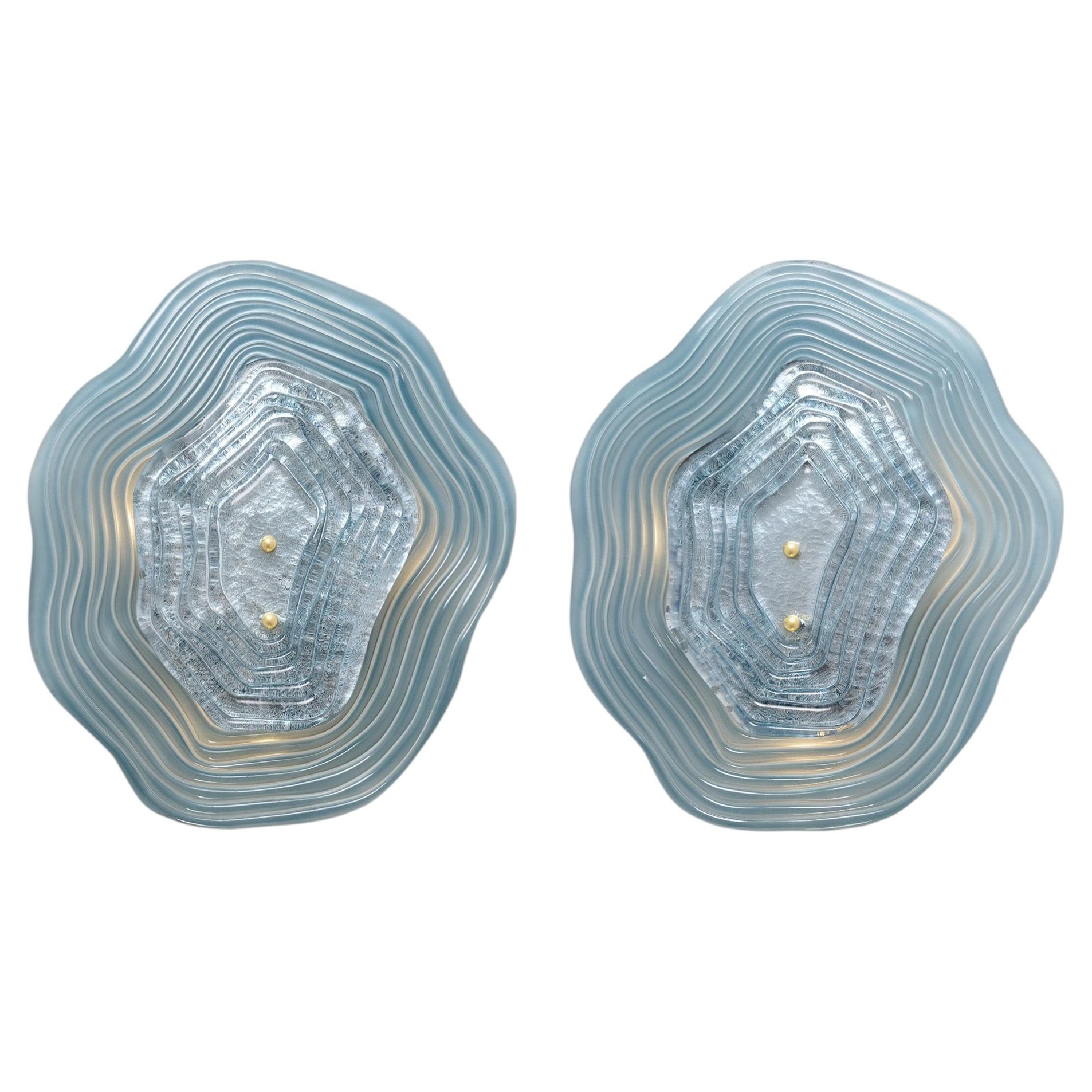 Layered Venetian Glass Sconces in Blue and Silver Leaf, Murano, Macchie